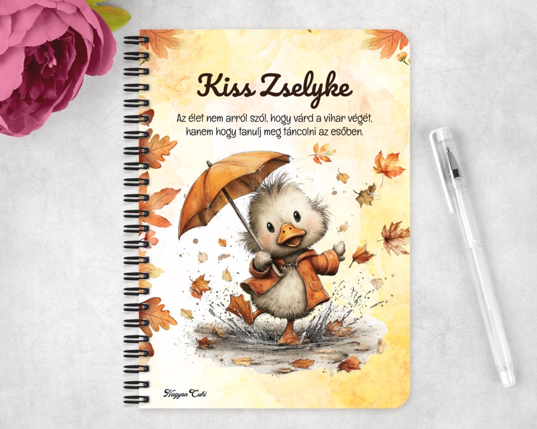 Személyre szabható - Cuki őszi esernyős kiskacsa mintás A5-ös füzet - otthon & életmód - papír, írószer - jegyzetfüzet & napló - Meska.hu
