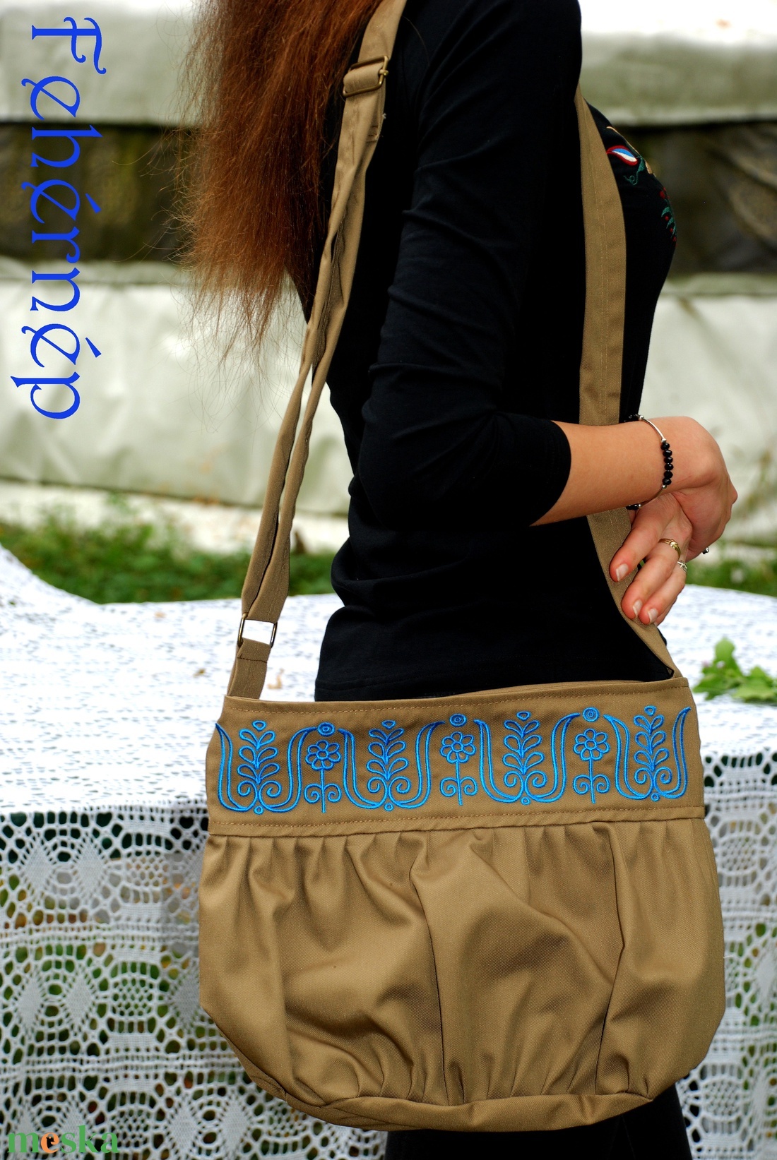 Kalotaszegi Szépasszony buggyos táskája (barna-türkiz) - táska & tok - kézitáska & válltáska - vállon átvethető táska - Meska.hu