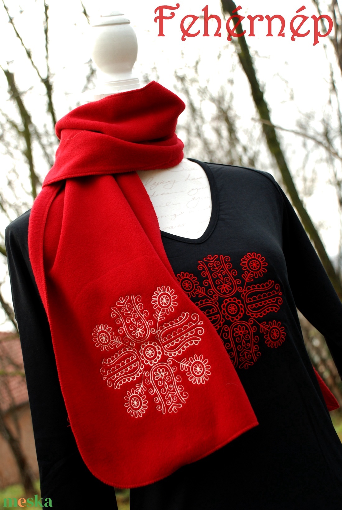 Fehérnép vörös téli sál, kőrösfői - ruha & divat - sál, sapka, kendő - sál - Meska.hu