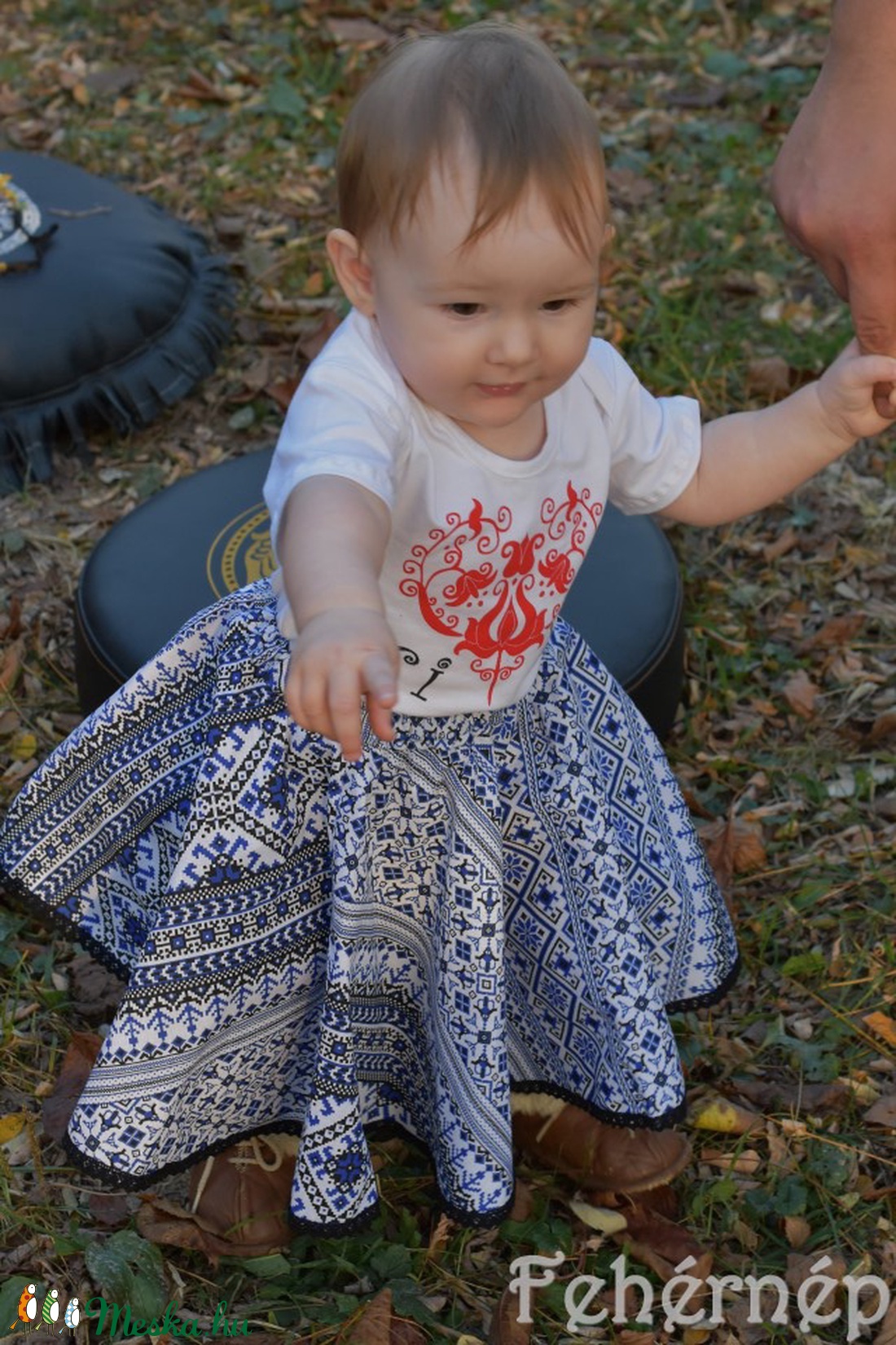 Leányka pörgős szoknya - kék szőttes mintával - ruha & divat - babaruha & gyerekruha - szoknya - Meska.hu