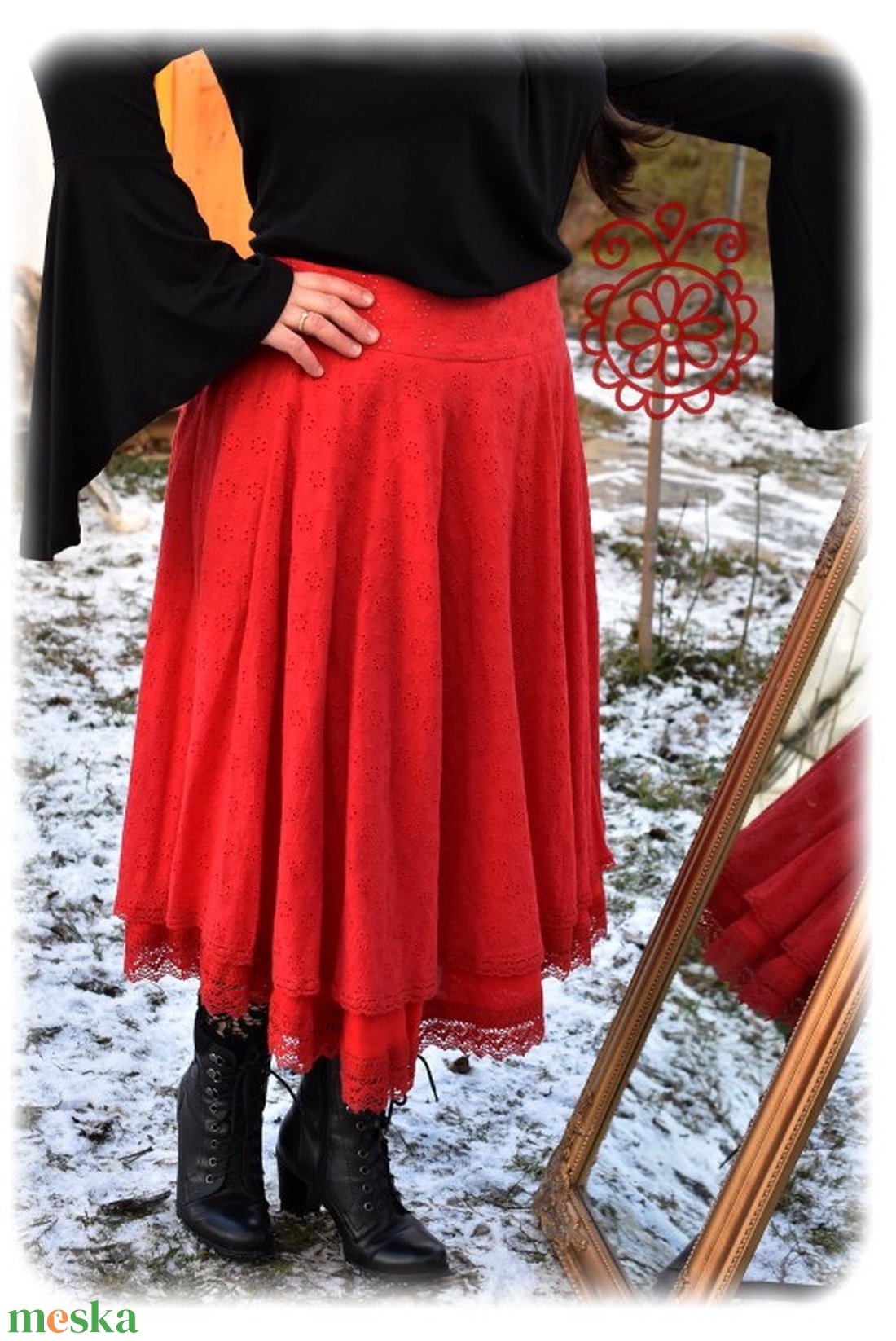 Madeira-géz, dupla rétegű körloknis szoknya � piros - ruha & divat - női ruha - szoknya - Meska.hu