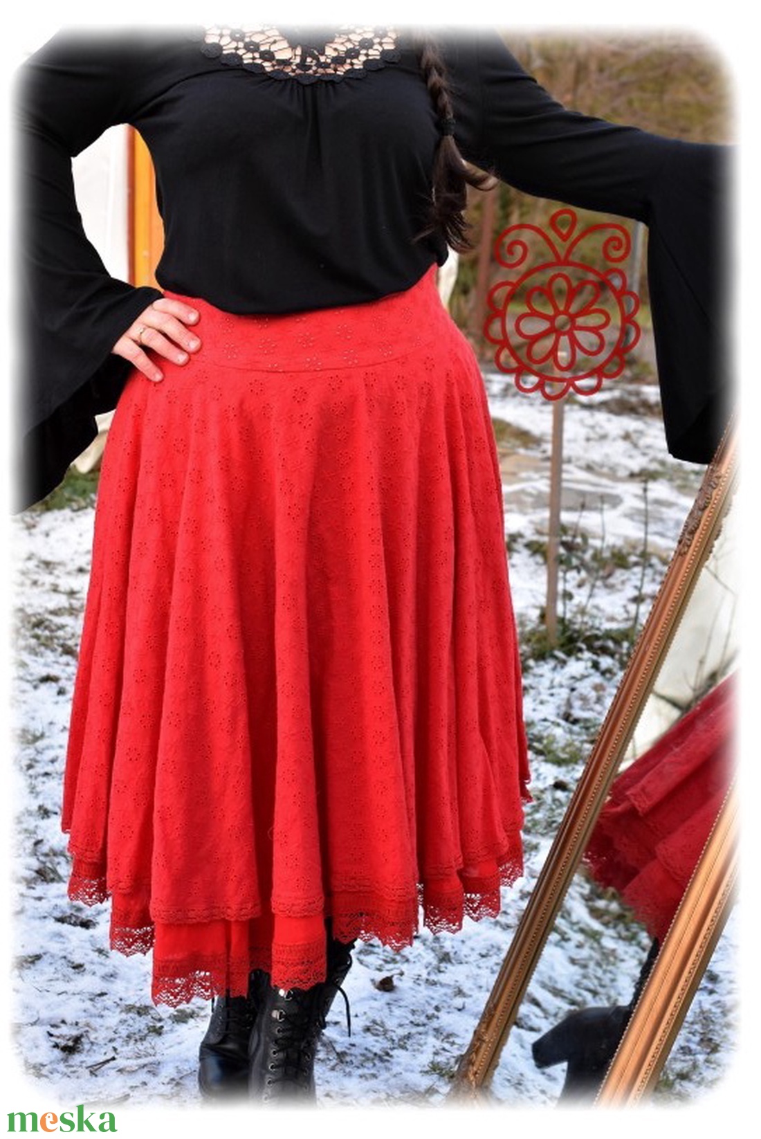 Madeira-géz, dupla rétegű körloknis szoknya � piros - ruha & divat - női ruha - szoknya - Meska.hu