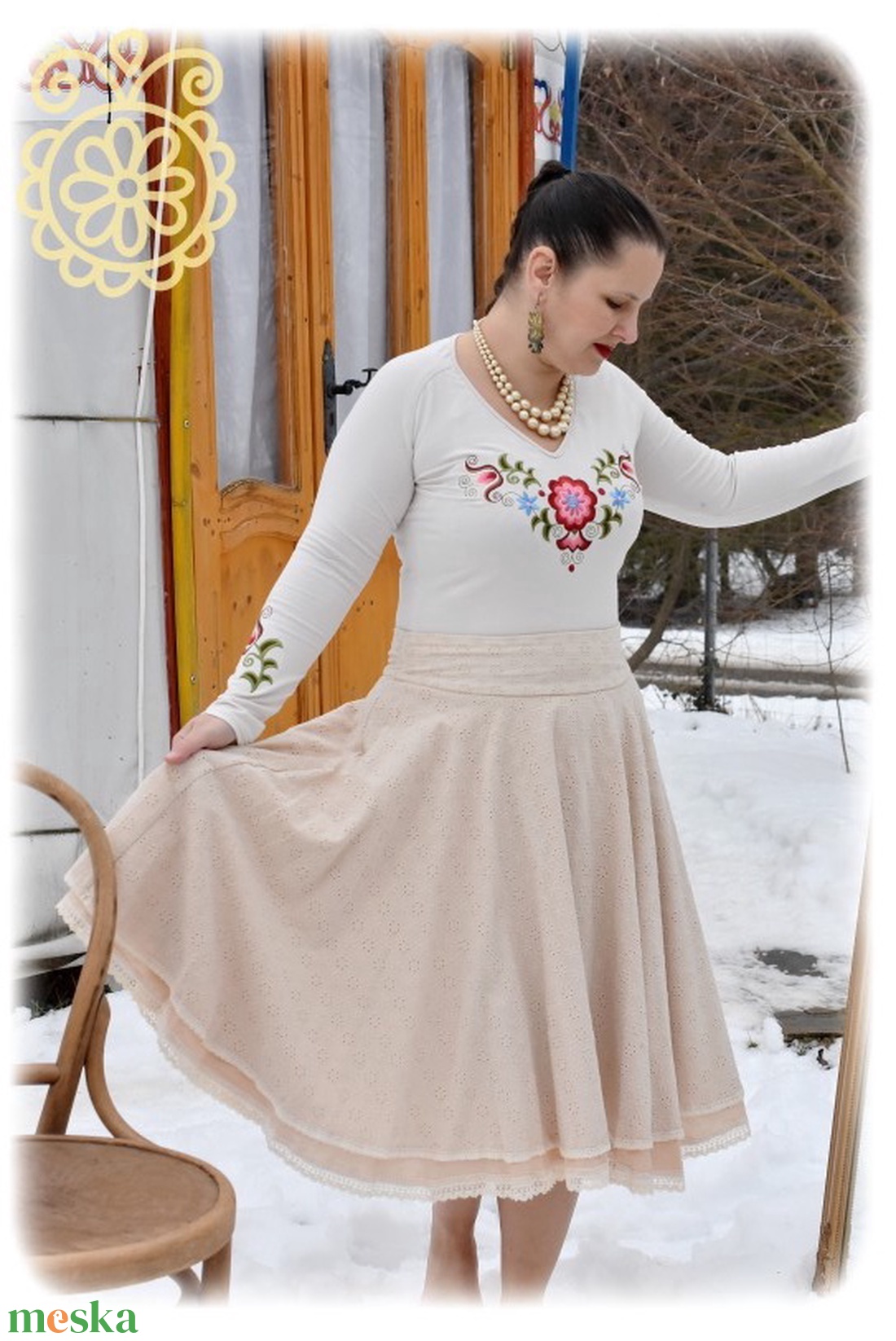 Madeira-géz, dupla rétegű körloknis szoknya � bézs - ruha & divat - női ruha - szoknya - Meska.hu