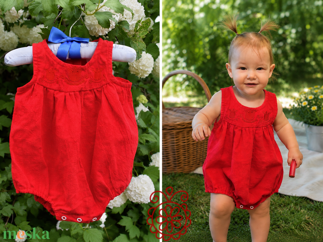 Géz napozó mezőségi tulipános, piros - baba - mama - babaruházat - baba body - Meska.hu