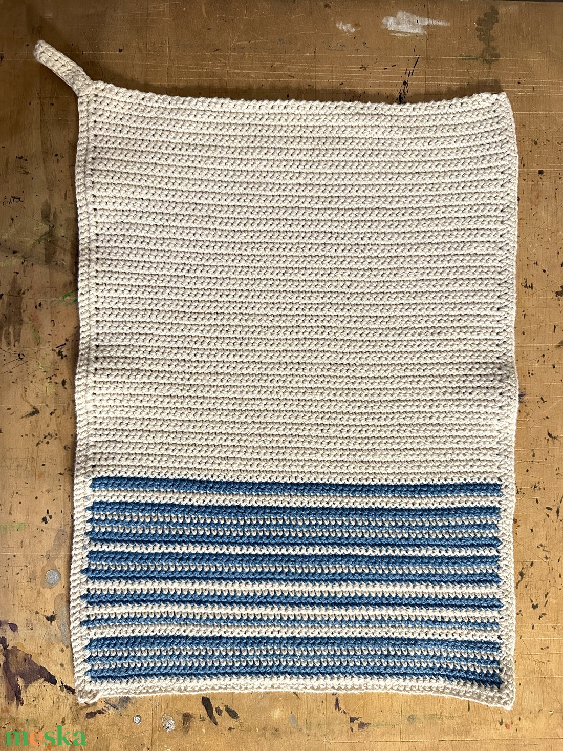 Kék csíkos horgolt kéztörlő - otthon & életmód - fürdőszoba - törölköző - Meska.hu