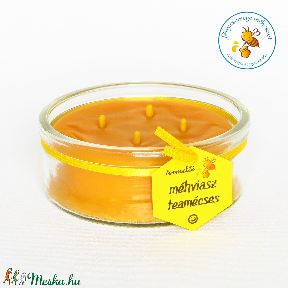 termelői méhviasz négy kanócos mécses  kör formájú üvegben -  - Meska.hu