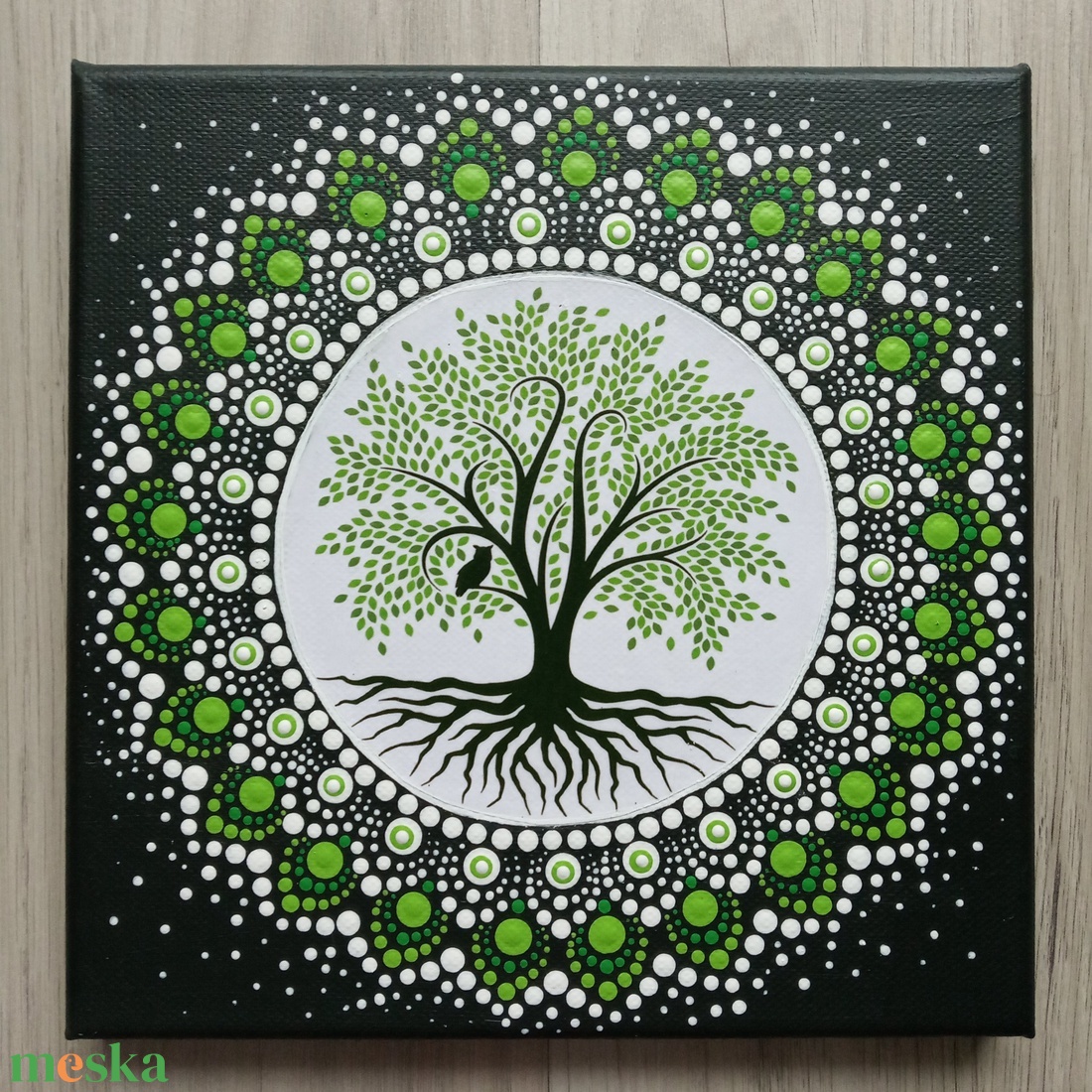 Pontozott mandala - Életfa bagollyal - otthon & életmód - dekoráció - kép & falikép - vászonkép - Meska.hu