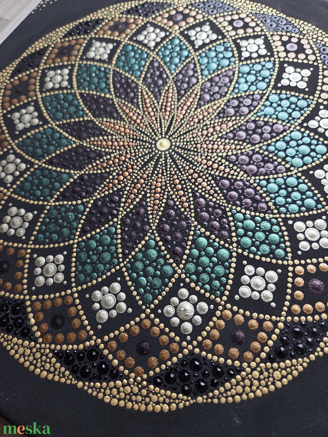 Kézzel pontozott arany-zöld-lila mandala vásznon - 30x30 cm - otthon & életmód - dekoráció - spiritualitás - mandala - Meska.hu