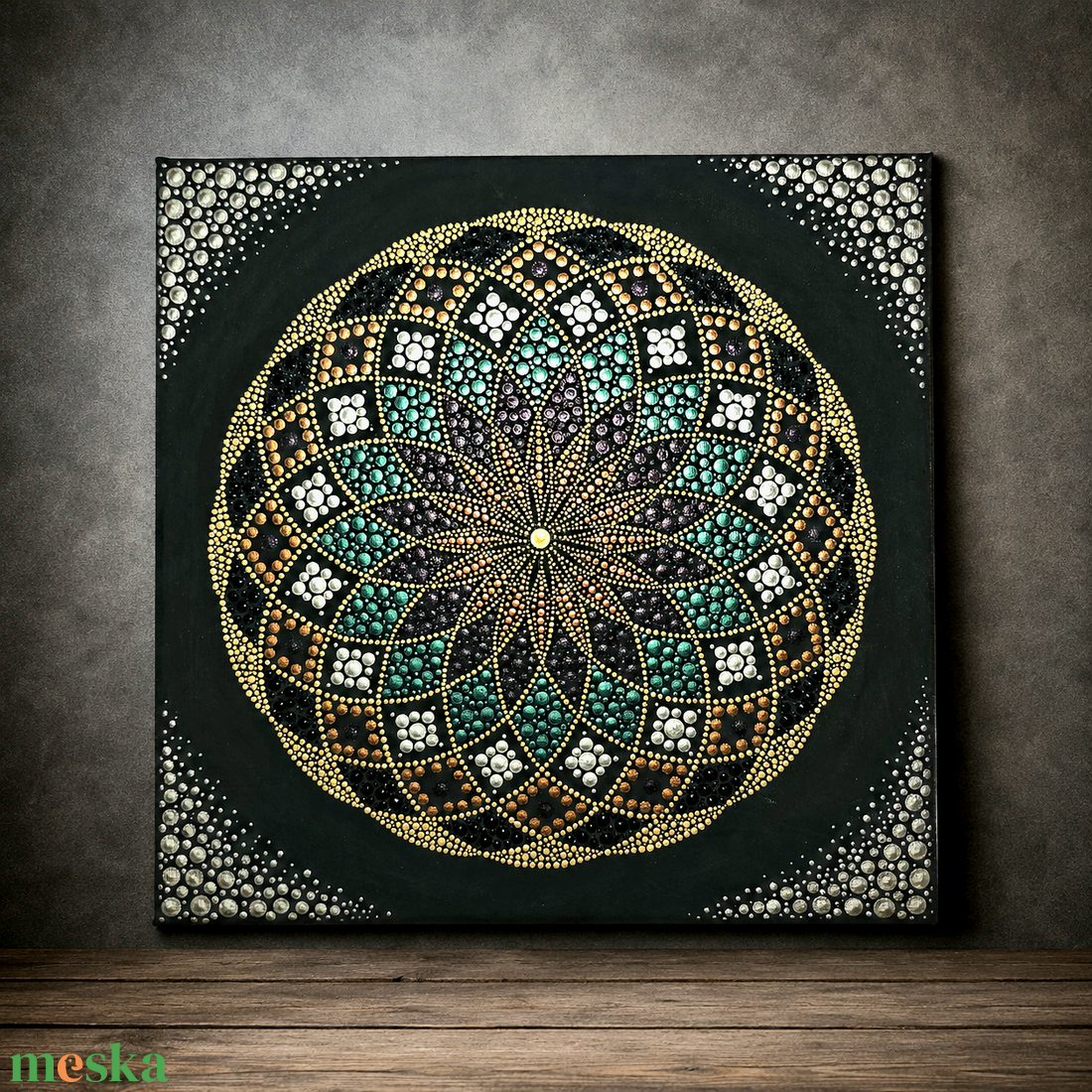 Kézzel pontozott arany-zöld-lila mandala vásznon - 30x30 cm - otthon & életmód - dekoráció - spiritualitás - mandala - Meska.hu