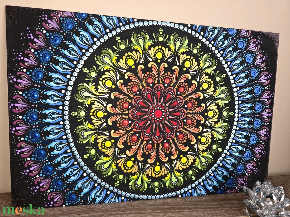 Szivárvány Csakra Mandala - Kézzel festett pontozott mandala 30�50 cm - otthon & életmód - dekoráció - spiritualitás - mandala - Meska.hu