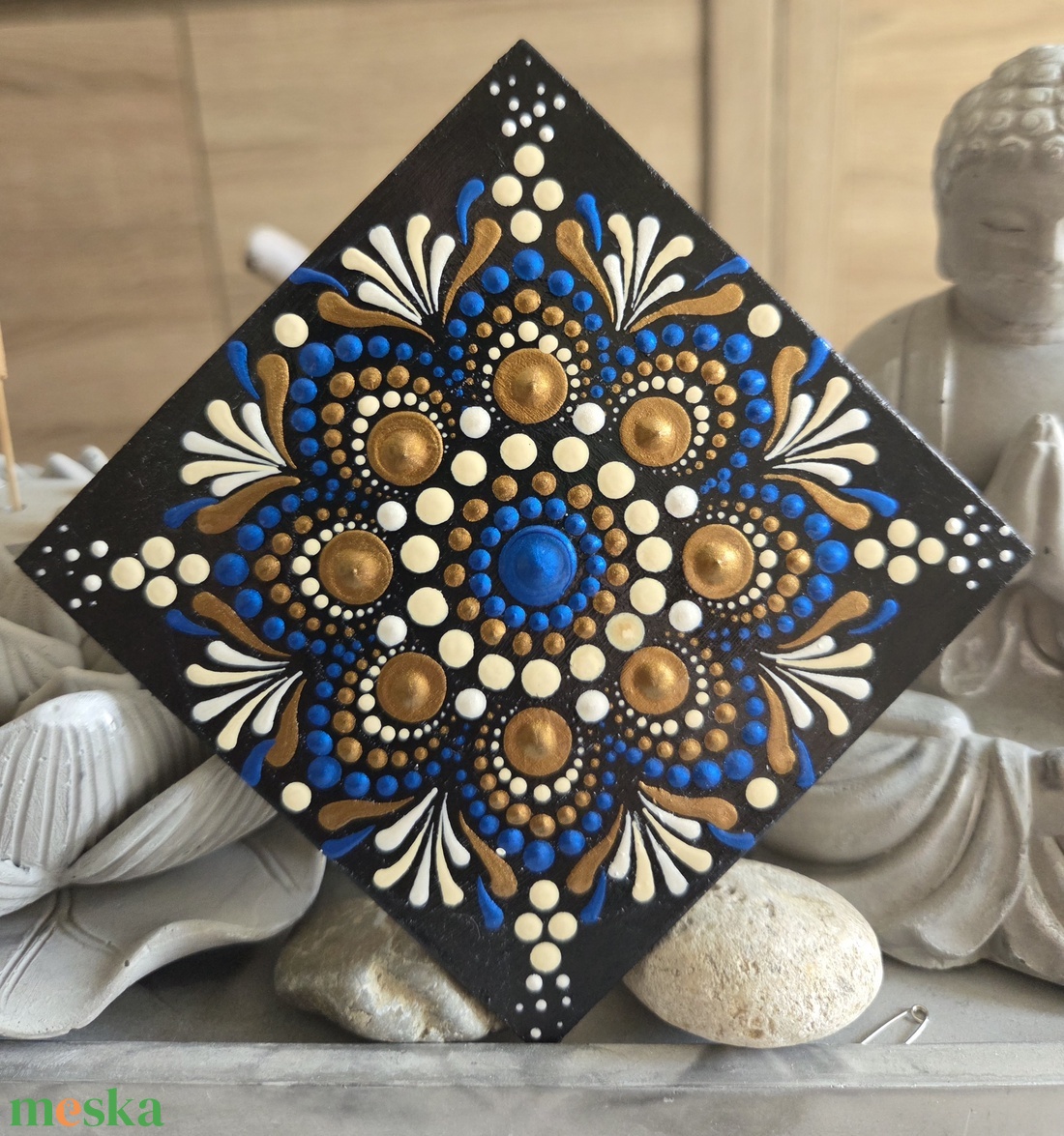 Kézzel festett mandala hűtőmágnes 10�10 cm - kék, fehér, bronz fa hűtőmágnes - otthon & életmód - dekoráció - spiritualitás - mandala - Meska.hu