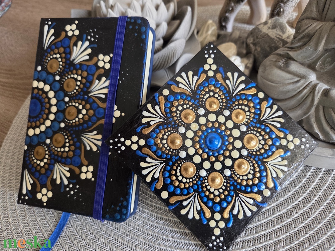 Kézzel festett mandala hűtőmágnes 10�10 cm - kék, fehér, bronz fa hűtőmágnes - otthon & életmód - dekoráció - spiritualitás - mandala - Meska.hu