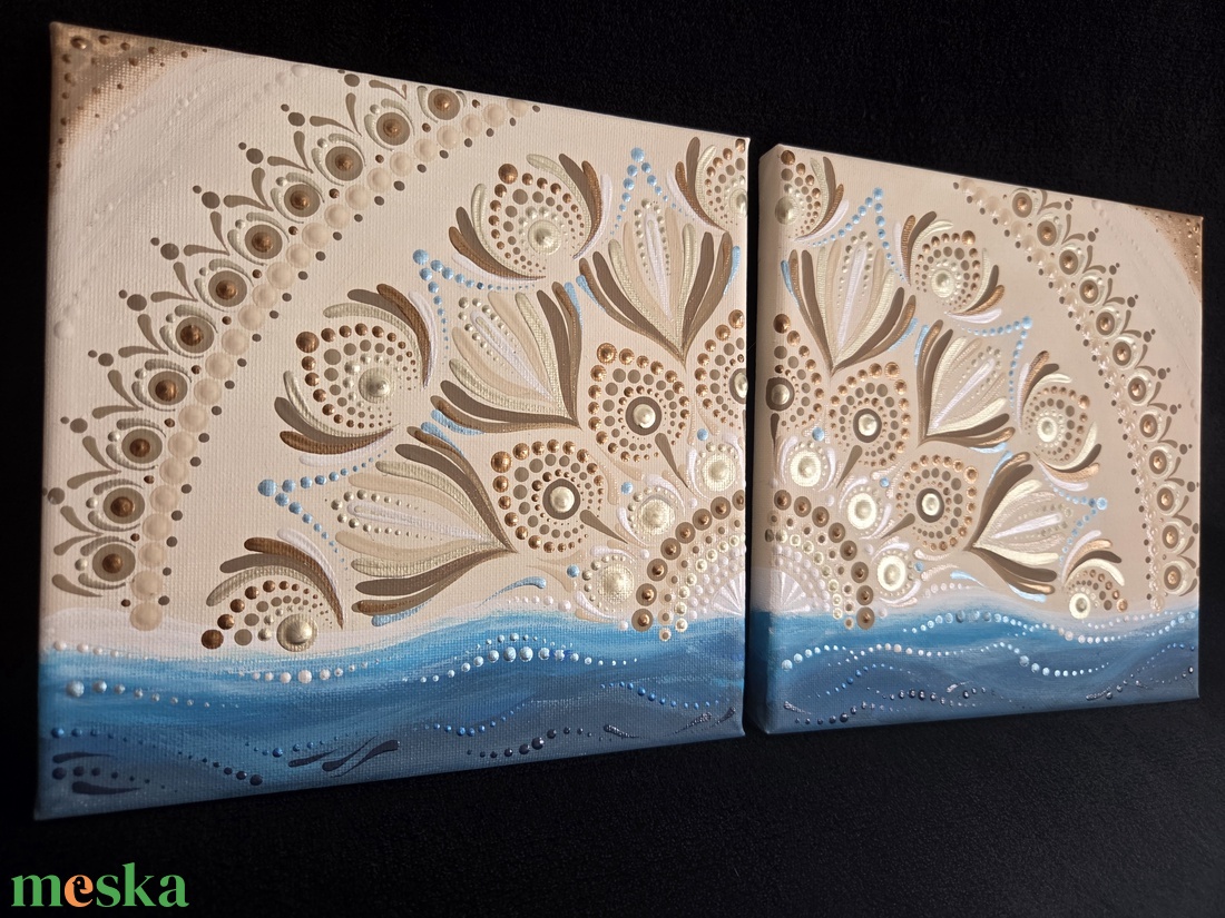 Tengerparti mandala vászonképen - kézzel festett 2 részes falikép, nyári lakásdekoráció, 2 db 20�20 cm - otthon & életmód - dekoráció - spiritualitás - mandala - Meska.hu