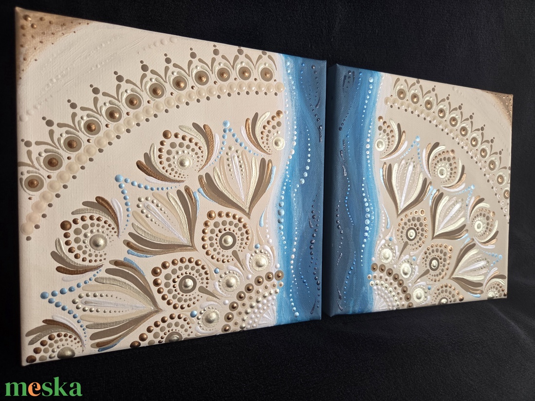 Tengerparti mandala vászonképen - kézzel festett 2 részes falikép, nyári lakásdekoráció, 2 db 20�20 cm - otthon & életmód - dekoráció - spiritualitás - mandala - Meska.hu