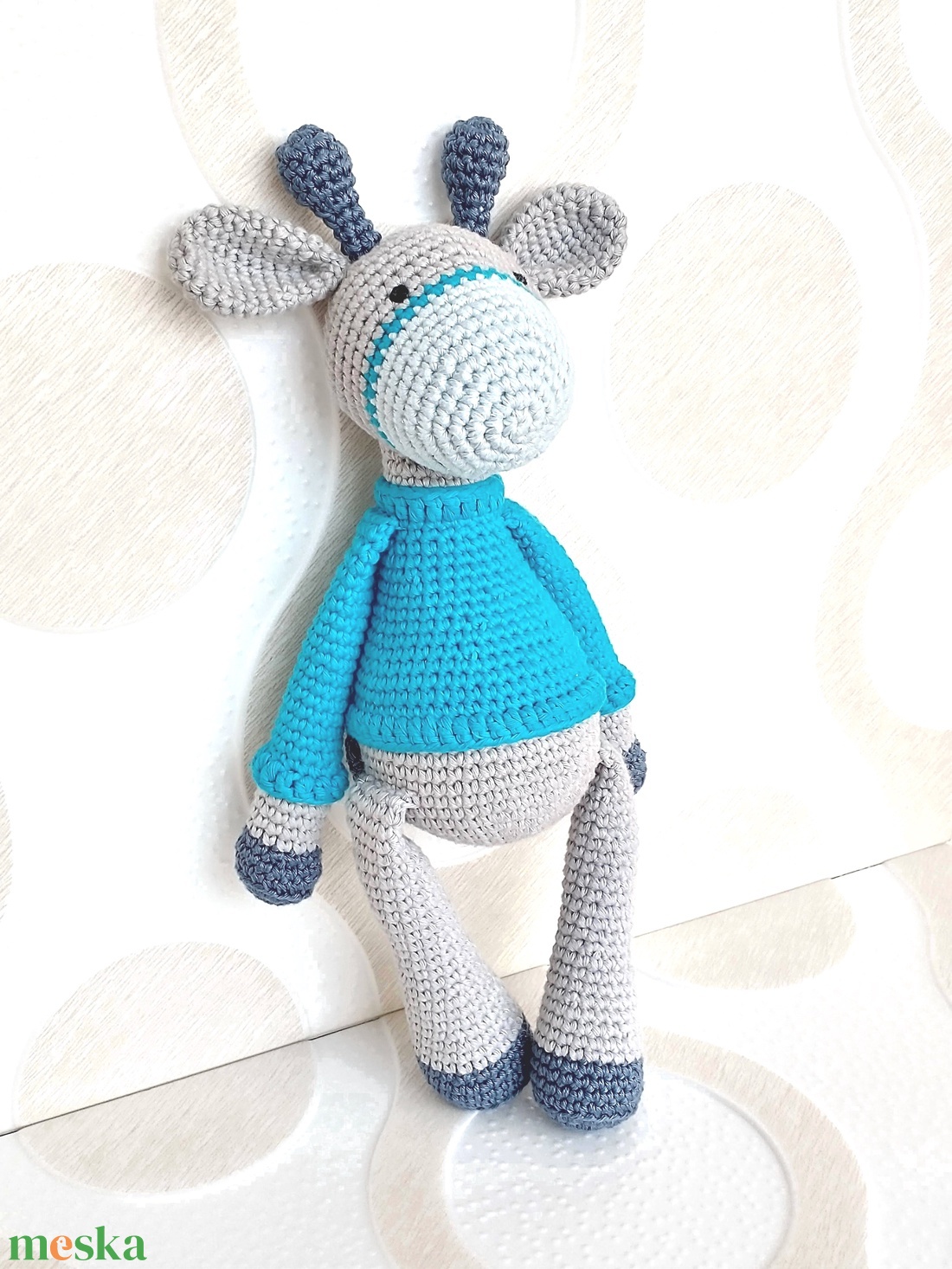 Horgolt Zsiráf  fiú - szürke - türkiz - amigurumi - horgolt figura - játék & sport - plüssállat & játékfigura - zsiráf - Meska.hu