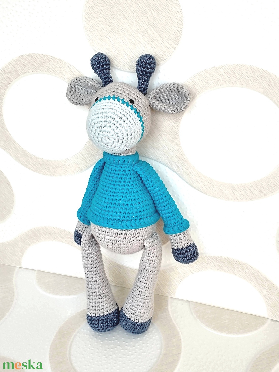 Horgolt Zsiráf  fiú - szürke - türkiz - amigurumi - horgolt figura - játék & sport - plüssállat & játékfigura - zsiráf - Meska.hu