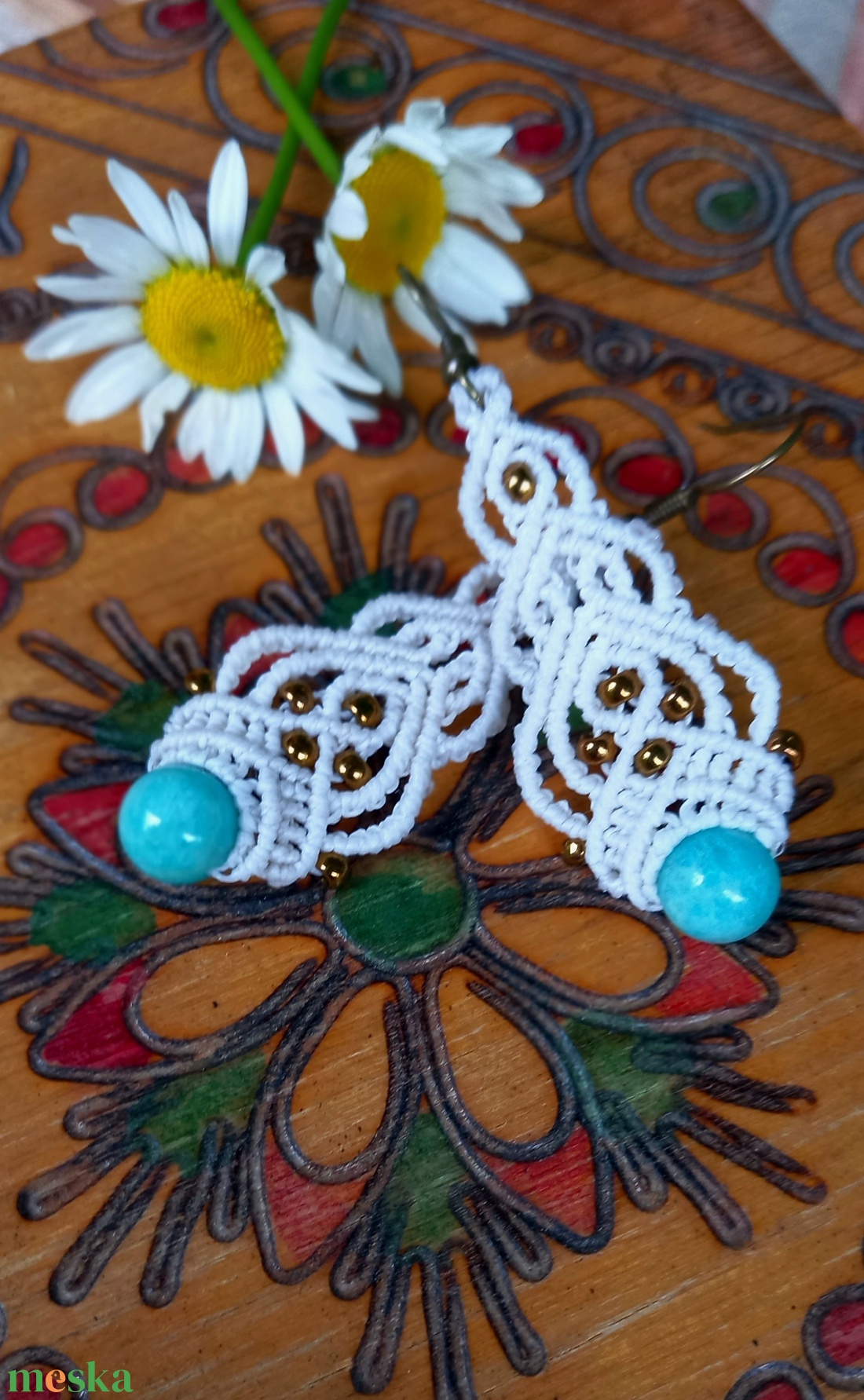 Amazonit gyöngyös ,fehér,makramé fülbevaló - ékszer - fülbevaló - lógó fülbevaló - Meska.hu