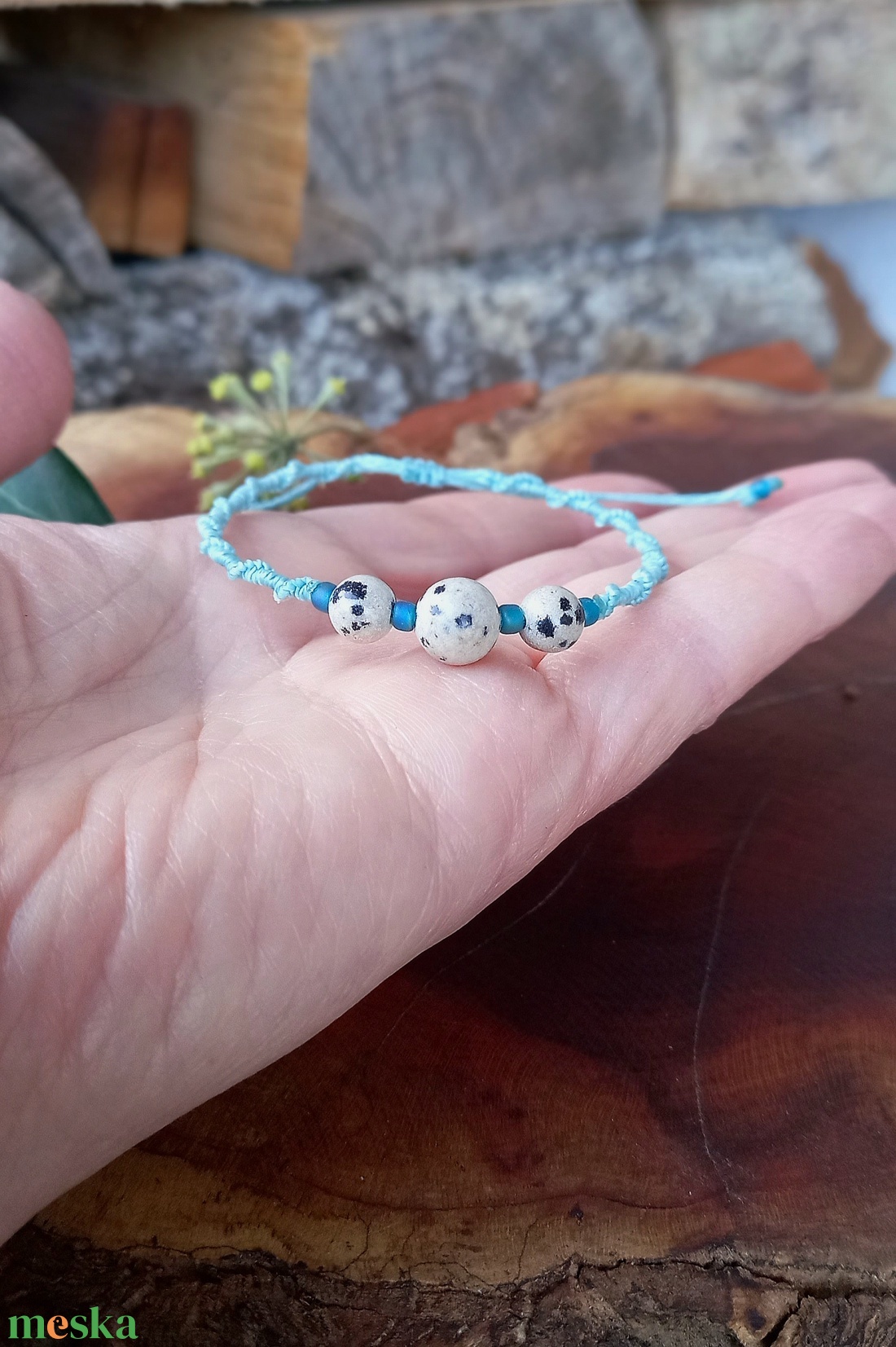 Matt kék/jáspis,makramé karkötő  - ékszer - karkötő - gyöngyös karkötő - Meska.hu