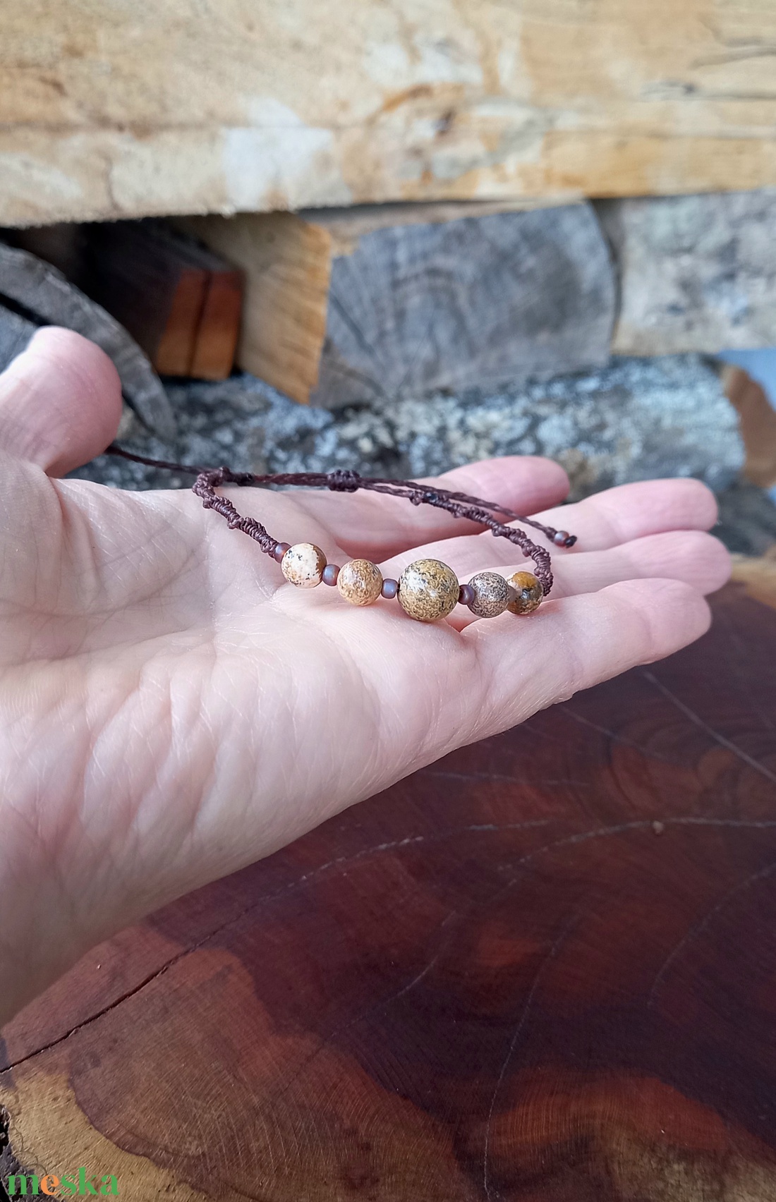 Mahagony barna/jáspis,makramé karkötő  - ékszer - karkötő - gyöngyös karkötő - Meska.hu
