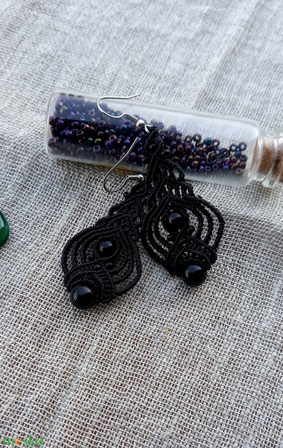 Dupla ónix makramé fülbevaló  - ékszer - fülbevaló - lógó fülbevaló - Meska.hu