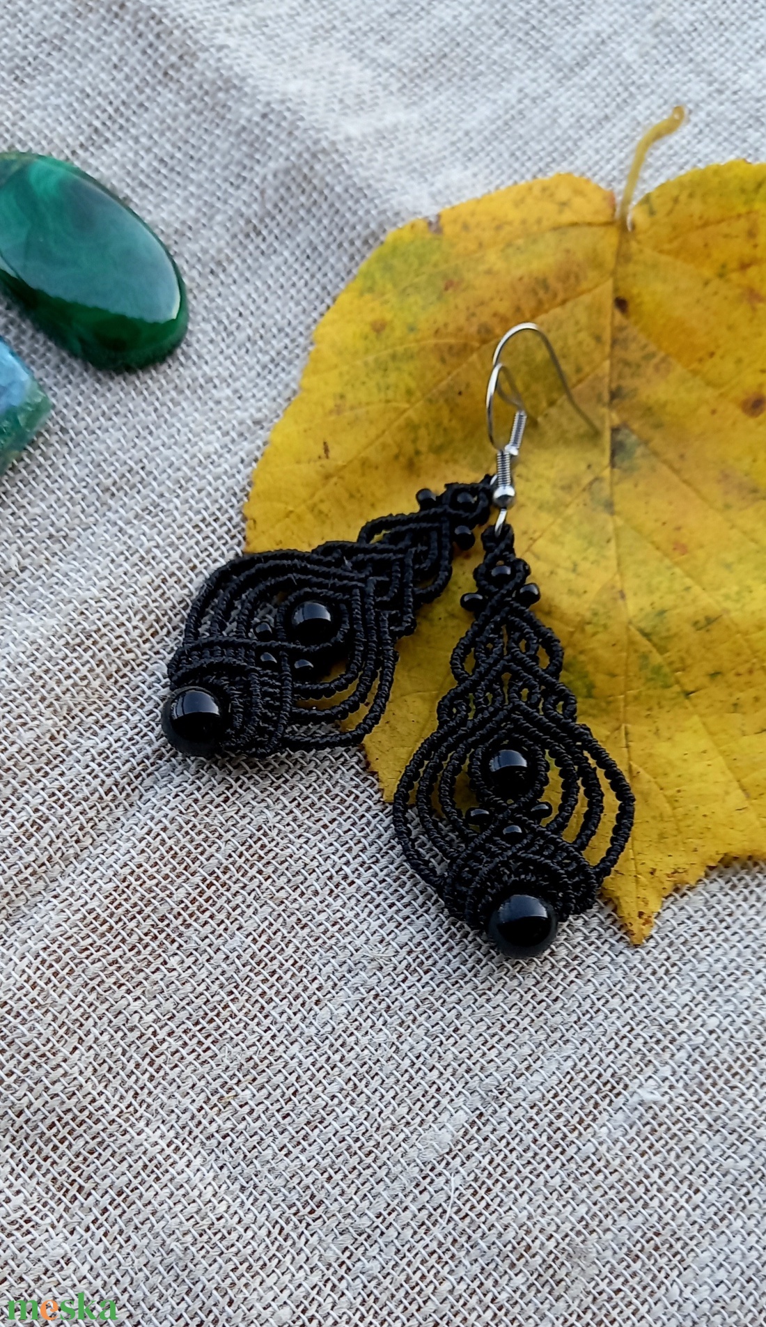 Dupla ónix makramé fülbevaló  - ékszer - fülbevaló - lógó fülbevaló - Meska.hu