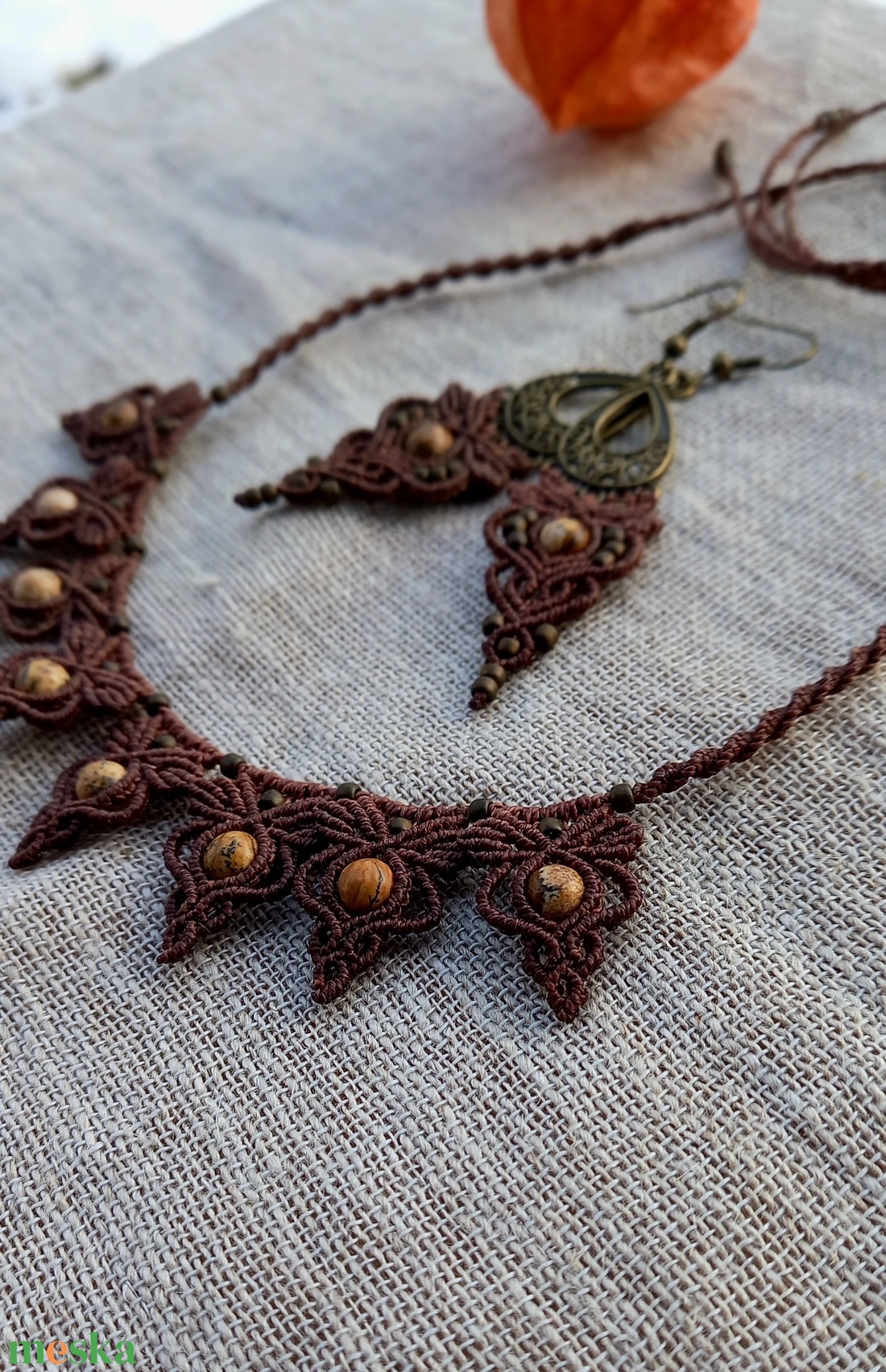 Mahagony barna /képjáspis makramé ékszerszett  - ékszer - nyaklánc - gyöngyös nyaklánc - Meska.hu