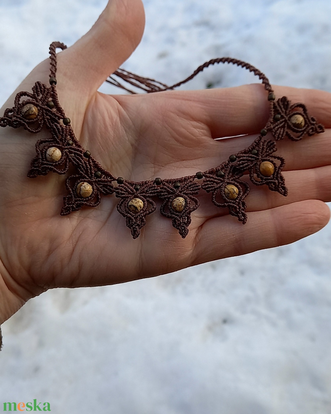 Mahagony barna /képjáspis makramé ékszerszett  - ékszer - nyaklánc - gyöngyös nyaklánc - Meska.hu