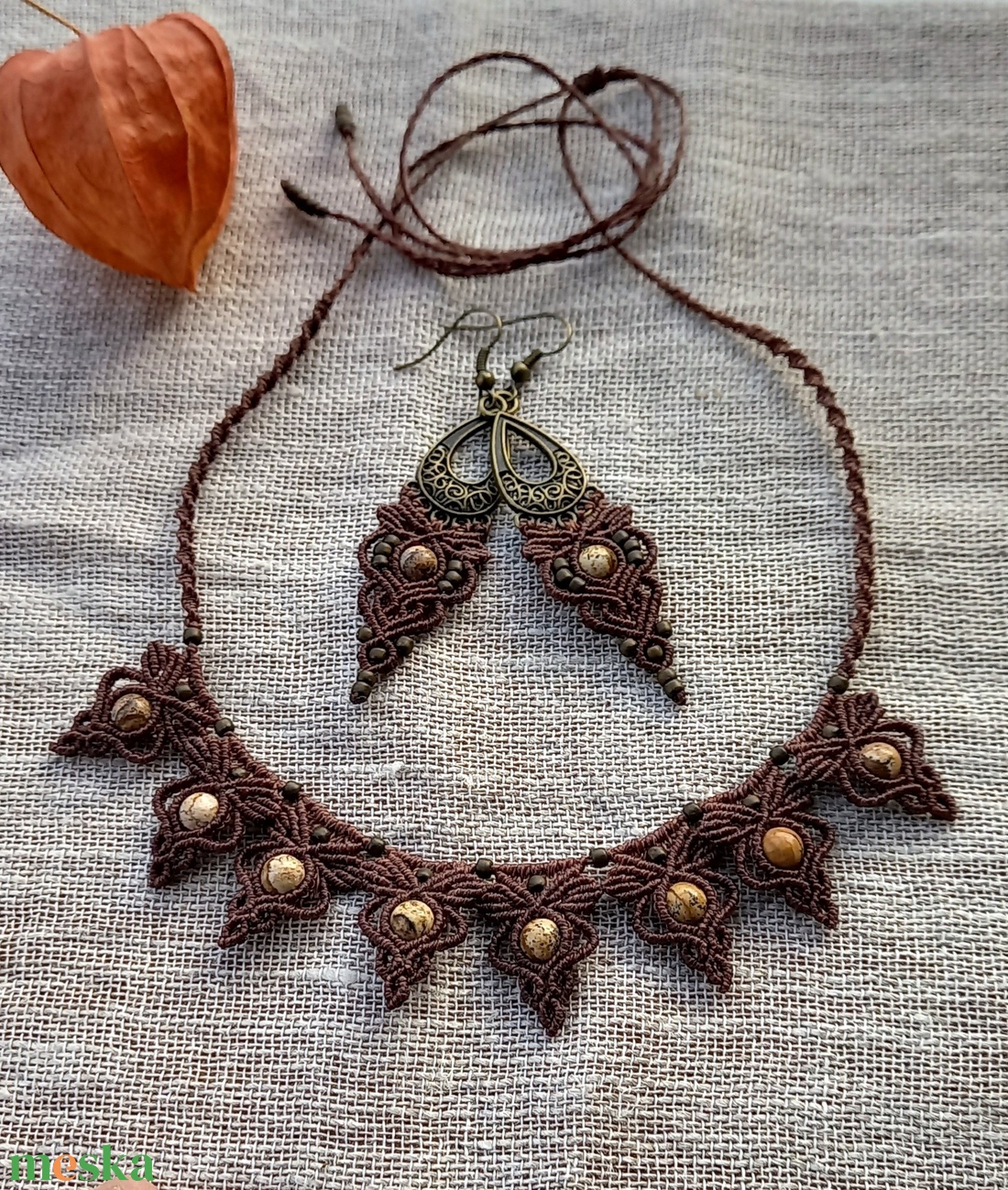 Mahagony barna /képjáspis makramé ékszerszett  - ékszer - nyaklánc - gyöngyös nyaklánc - Meska.hu