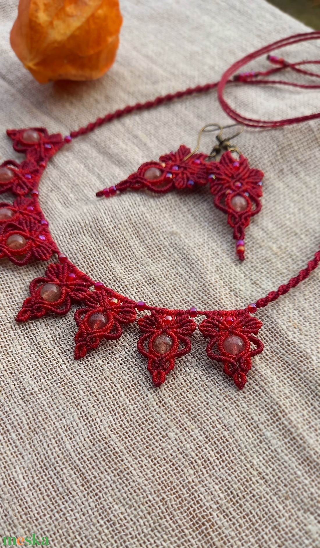 Piros/burgundi, makramé ékszerszett - ékszer - ékszerszett - Meska.hu