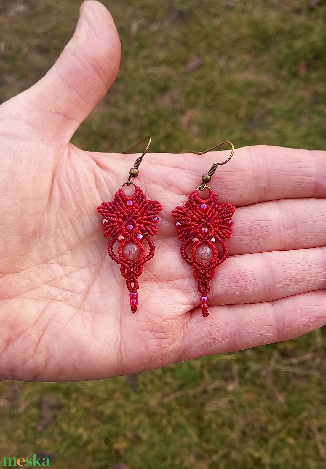 Piros/burgundi, makramé ékszerszett - ékszer - ékszerszett - Meska.hu