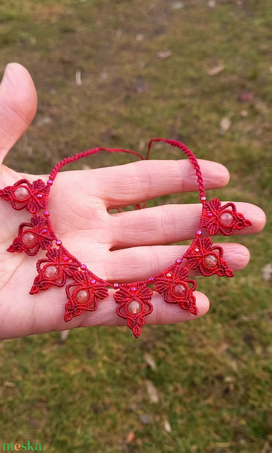 Piros/burgundi, makramé ékszerszett - ékszer - ékszerszett - Meska.hu