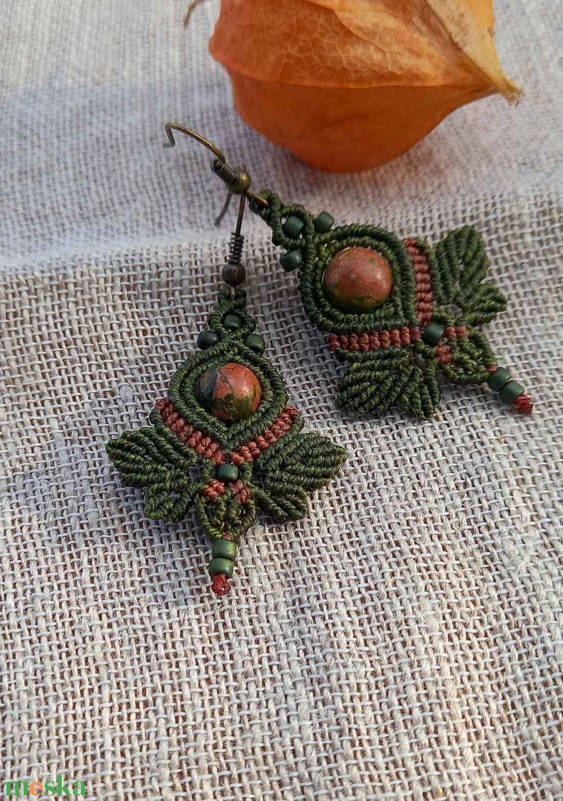 Unakit/olíva ,makramé fülbevaló - ékszer - fülbevaló - lógó fülbevaló - Meska.hu