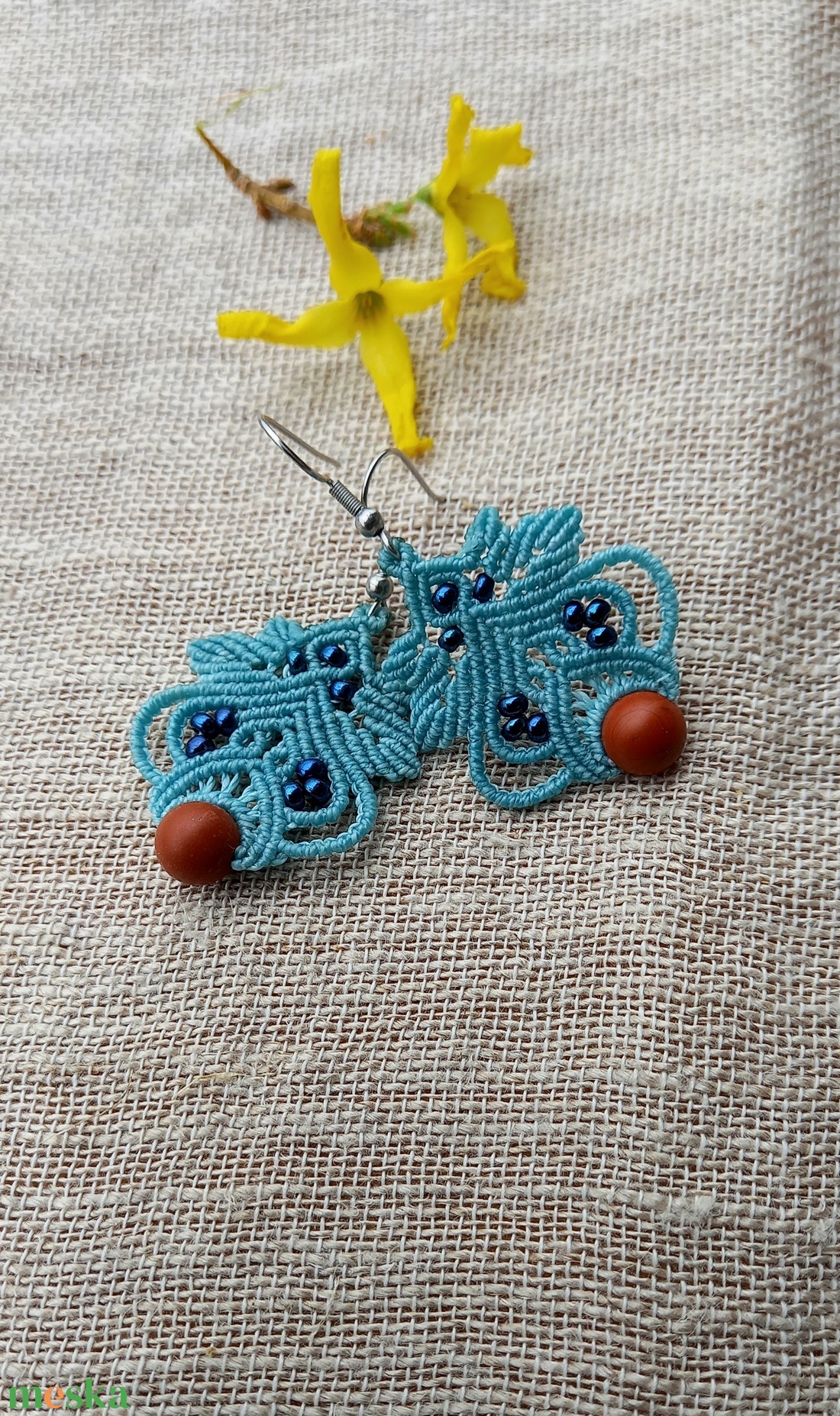 Lili /  matt kék makramé fülbevaló  - ékszer - fülbevaló - lógó fülbevaló - Meska.hu