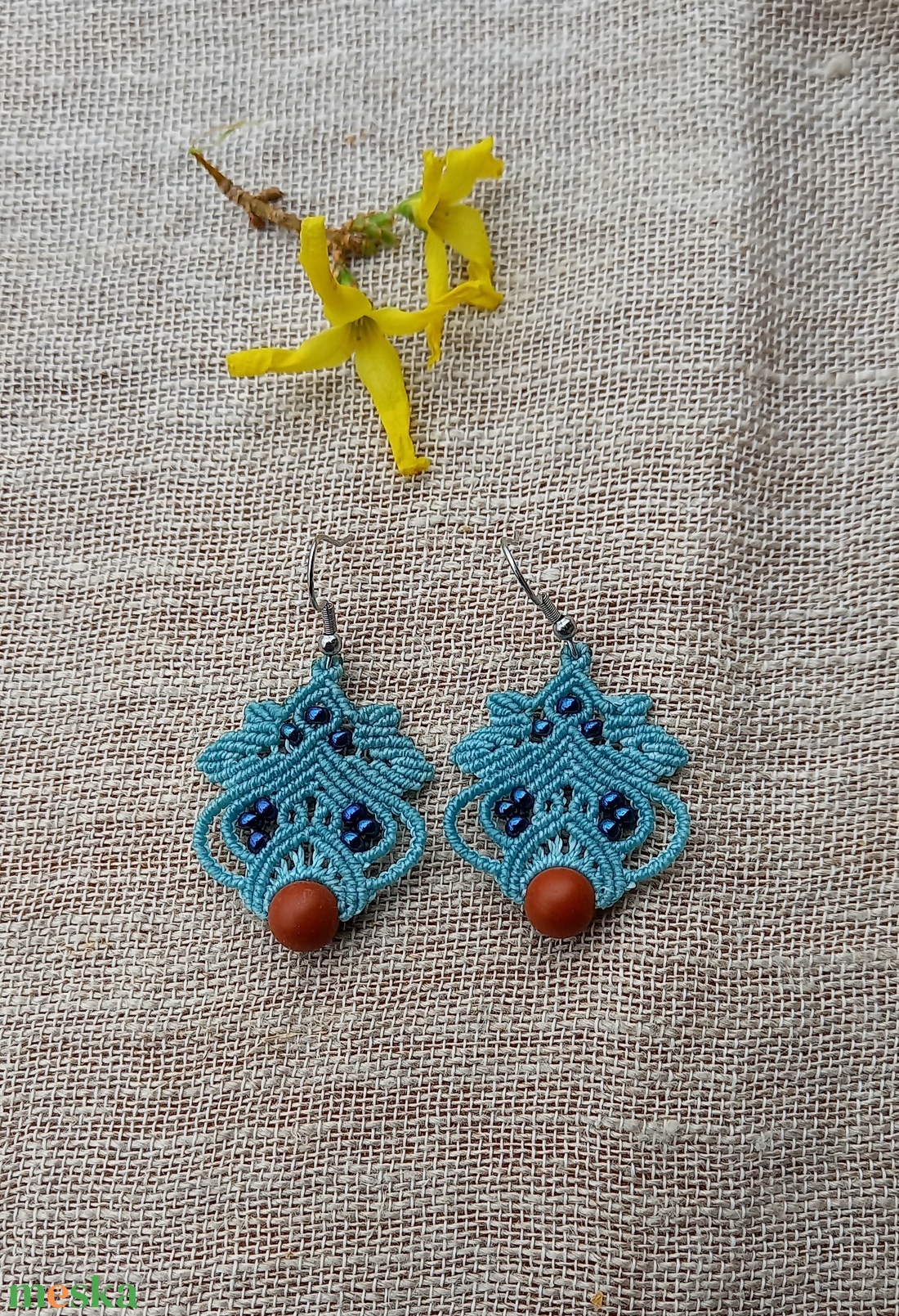 Lili /  matt kék makramé fülbevaló  - ékszer - fülbevaló - lógó fülbevaló - Meska.hu