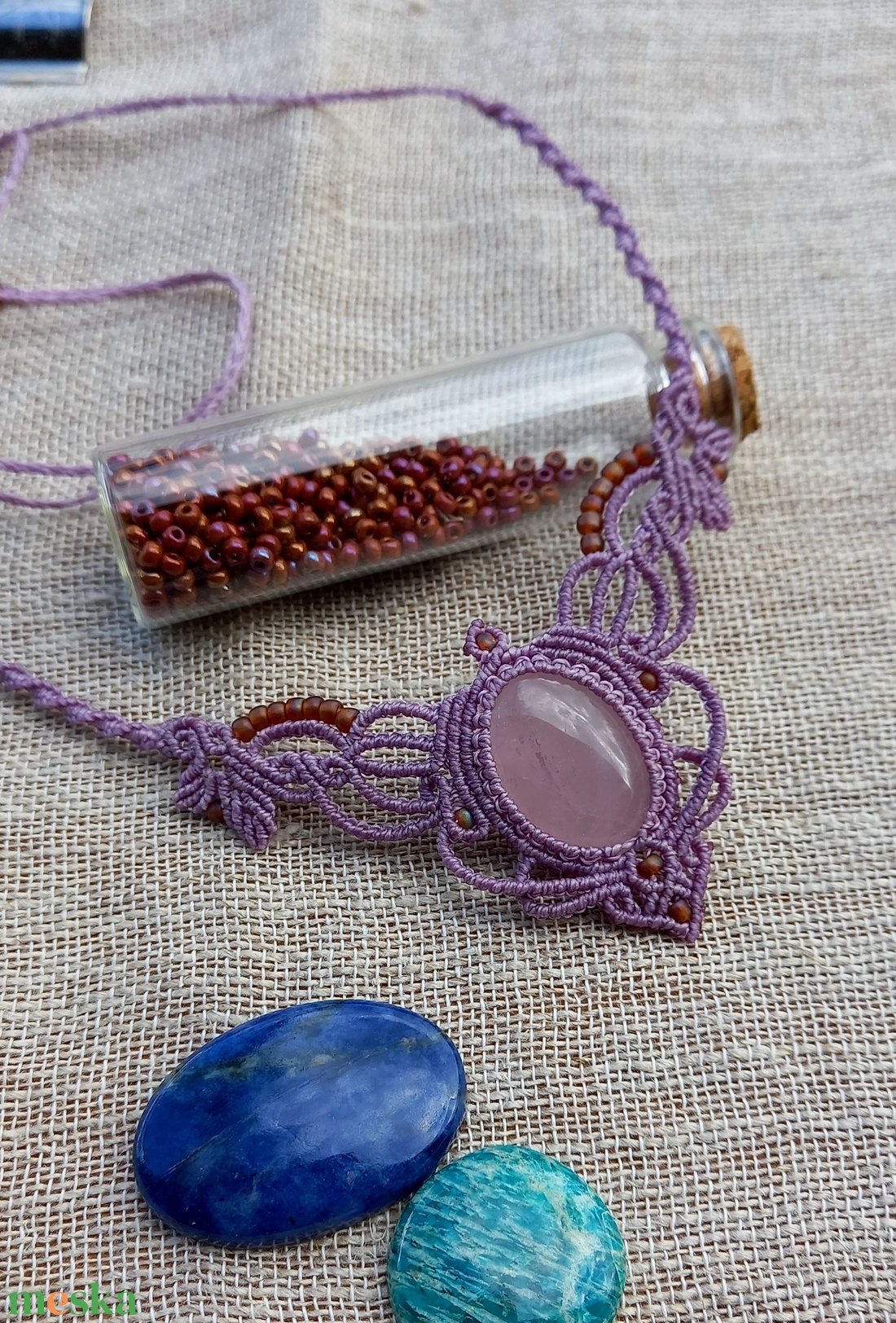 Rózsakvarc/antik lila makramé nyaklánc  - ékszer - nyaklánc - medálos nyaklánc - Meska.hu