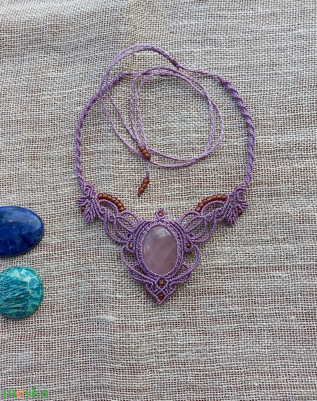 Rózsakvarc/antik lila makramé nyaklánc  - ékszer - nyaklánc - medálos nyaklánc - Meska.hu