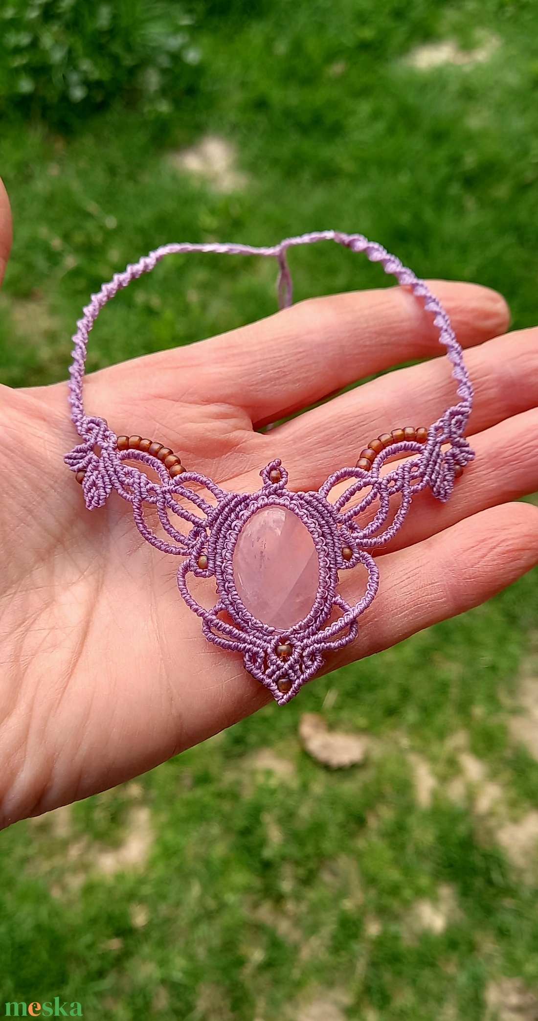 Rózsakvarc/antik lila makramé nyaklánc  - ékszer - nyaklánc - medálos nyaklánc - Meska.hu