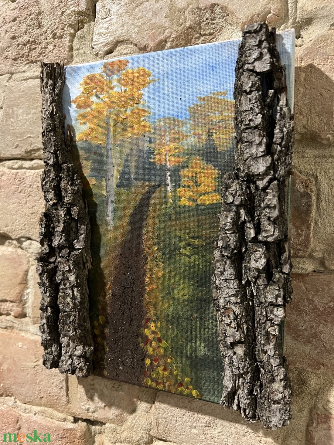 Őszi erdei ösvény  eredeti akrilfestmény valódi fakéreg keretben, 18x24 cm - művészet - festmény - akril - Meska.hu