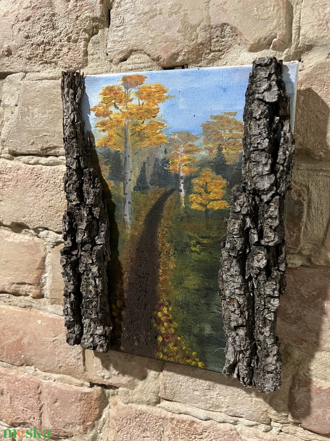 Őszi erdei ösvény  eredeti akrilfestmény valódi fakéreg keretben, 18x24 cm - művészet - festmény - akril - Meska.hu