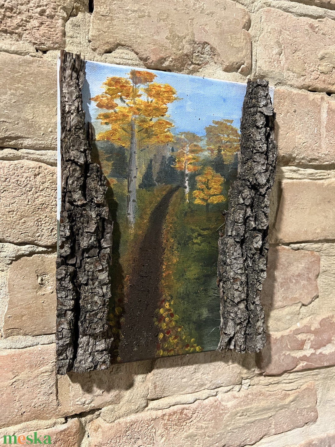 Őszi erdei ösvény  eredeti akrilfestmény valódi fakéreg keretben, 18x24 cm - művészet - festmény - akril - Meska.hu