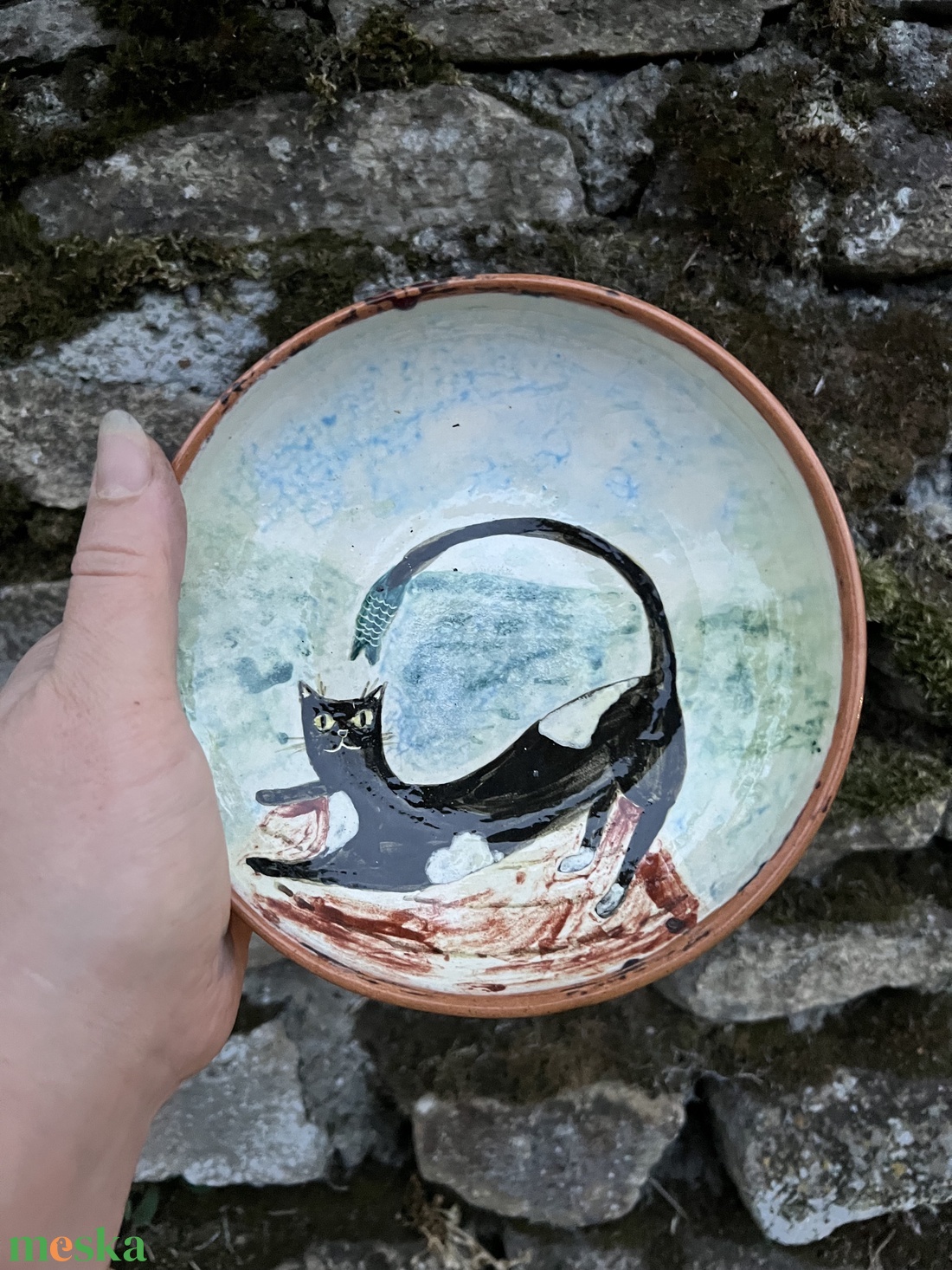 Kézzel készített kerámia desszertes tányér  Cica és tenger 16 cm - otthon & életmód - konyhafelszerelés, tálalás - tálalás - tányér & étkészlet - Meska.hu