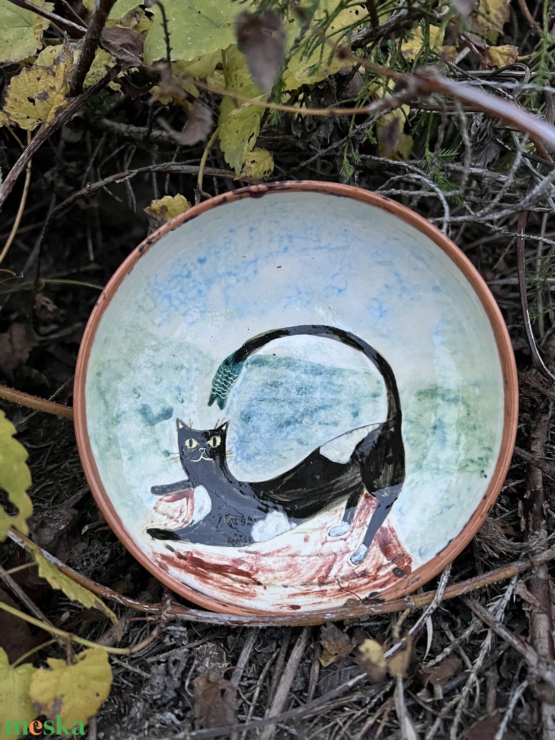 Kézzel készített kerámia desszertes tányér  Cica és tenger 16 cm - otthon & életmód - konyhafelszerelés, tálalás - tálalás - tányér & étkészlet - Meska.hu