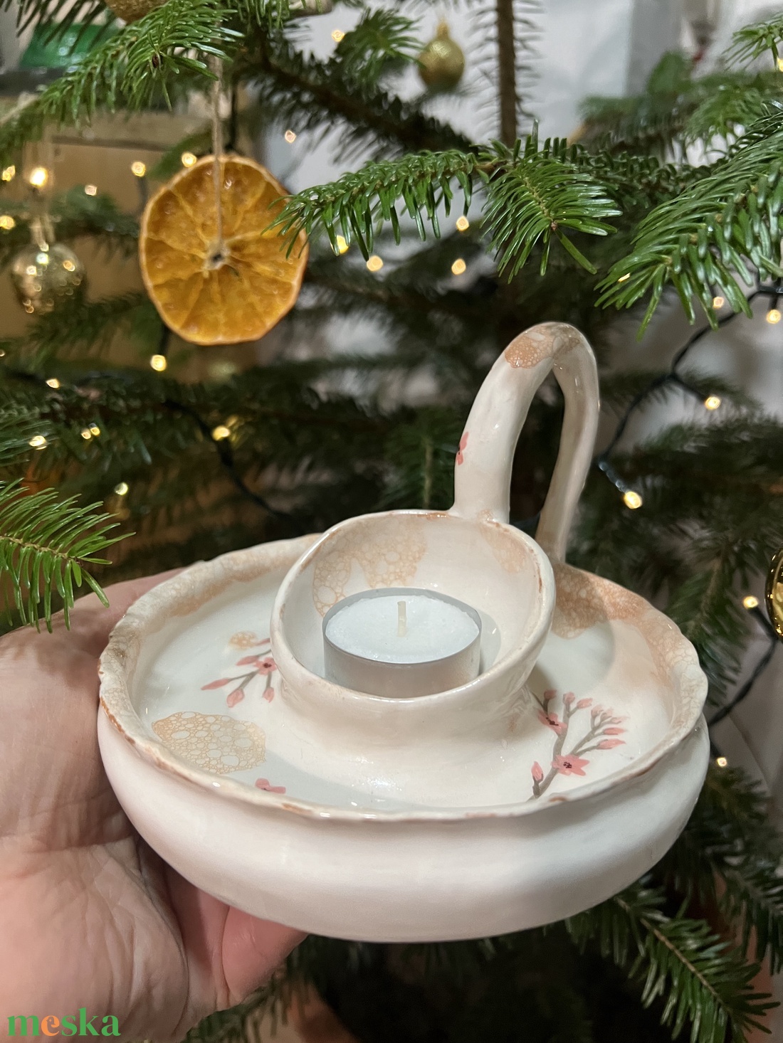 Kézzel készült kerámia mécsestartó � Cseresznyevirág és buborékos díszítés - esküvő - dekoráció - gyertya & gyertyatartó - Meska.hu