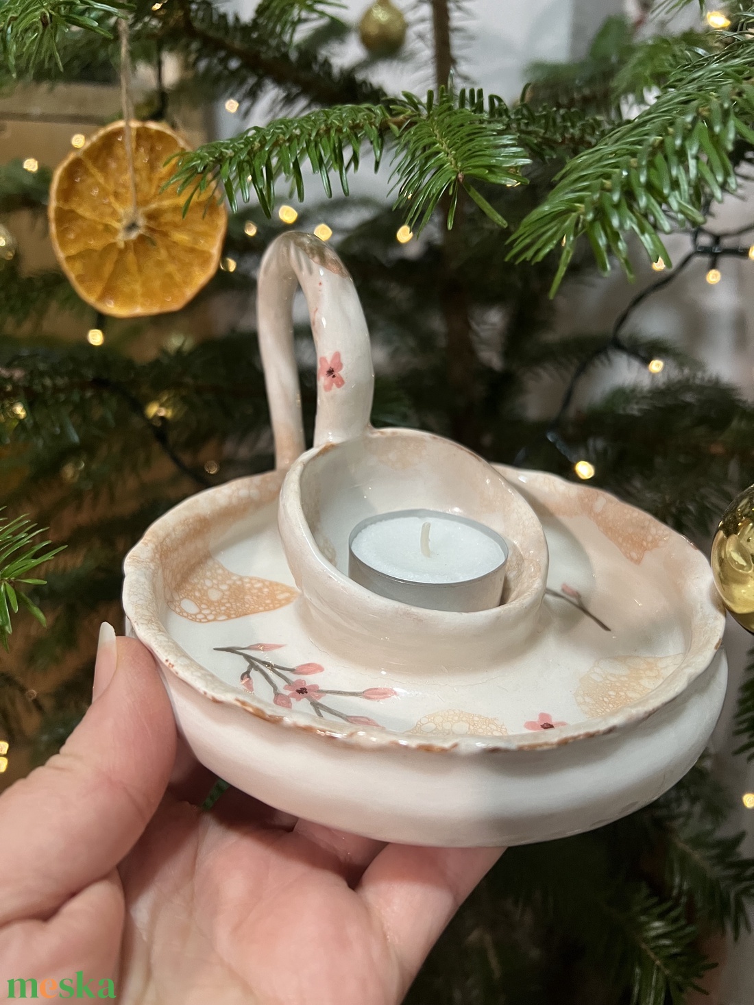 Kézzel készült kerámia mécsestartó � Cseresznyevirág és buborékos díszítés - esküvő - dekoráció - gyertya & gyertyatartó - Meska.hu