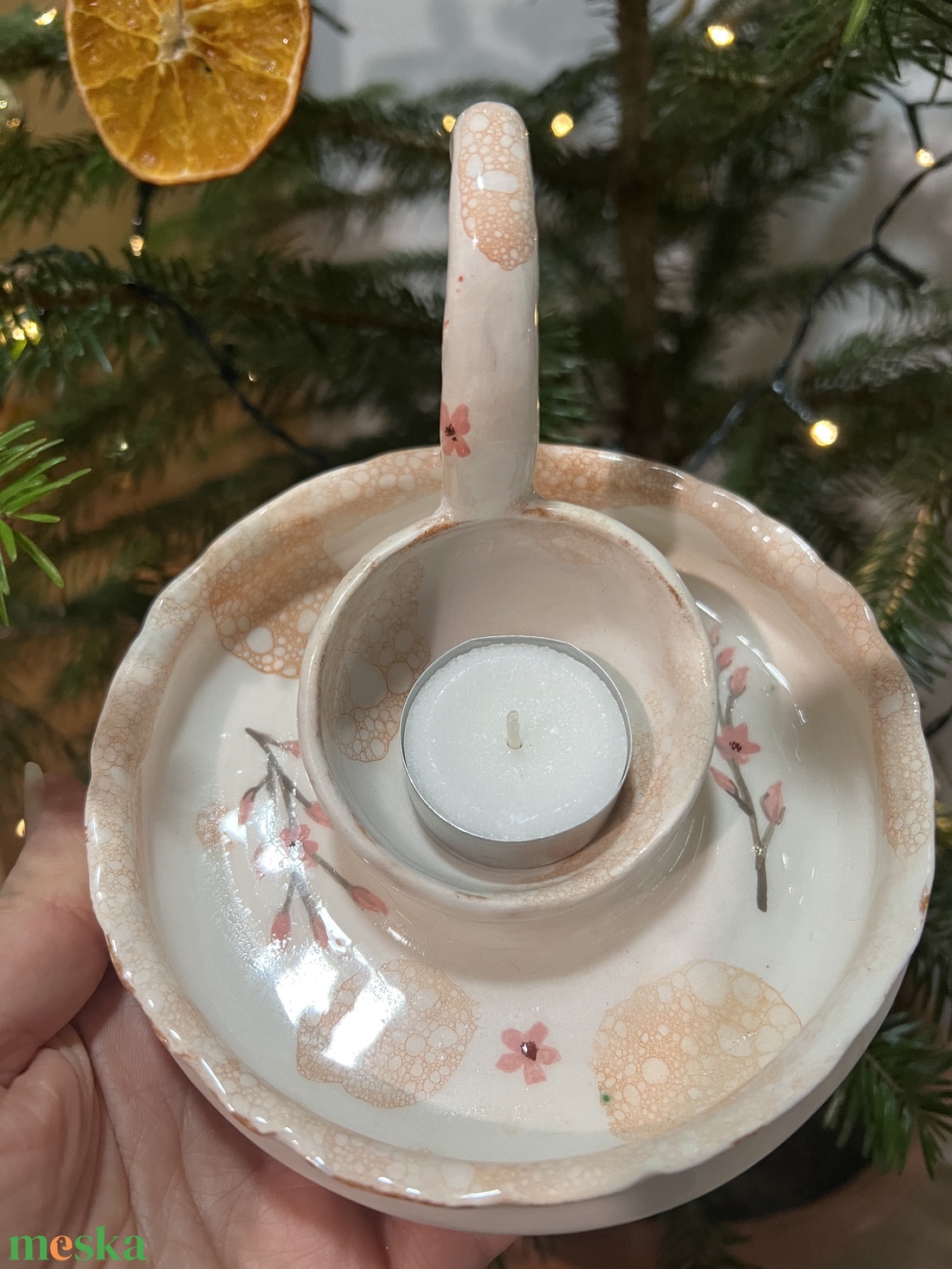 Kézzel készült kerámia mécsestartó � Cseresznyevirág és buborékos díszítés - esküvő - dekoráció - gyertya & gyertyatartó - Meska.hu