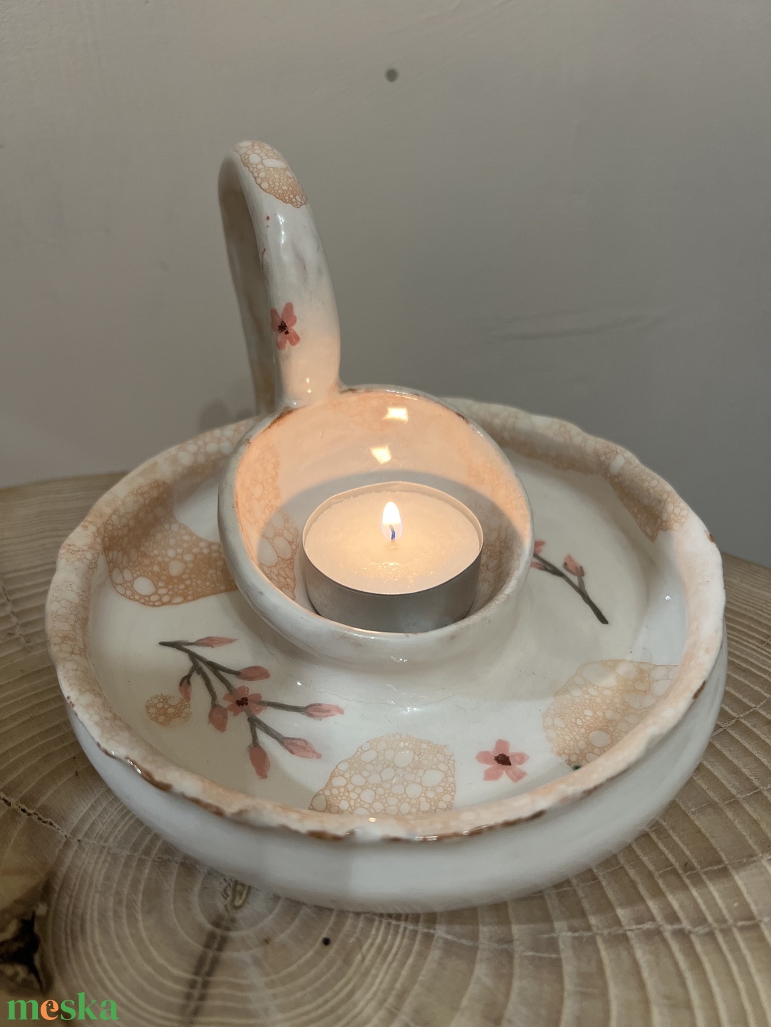 Kézzel készült kerámia mécsestartó � Cseresznyevirág és buborékos díszítés - esküvő - dekoráció - gyertya & gyertyatartó - Meska.hu