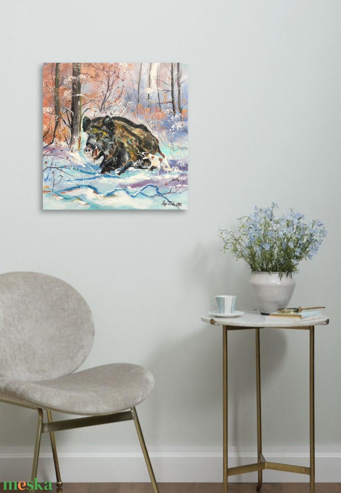 Vadkan a hóban c. Vadászfestmény - művészet - festmény - olajfestmény - Meska.hu