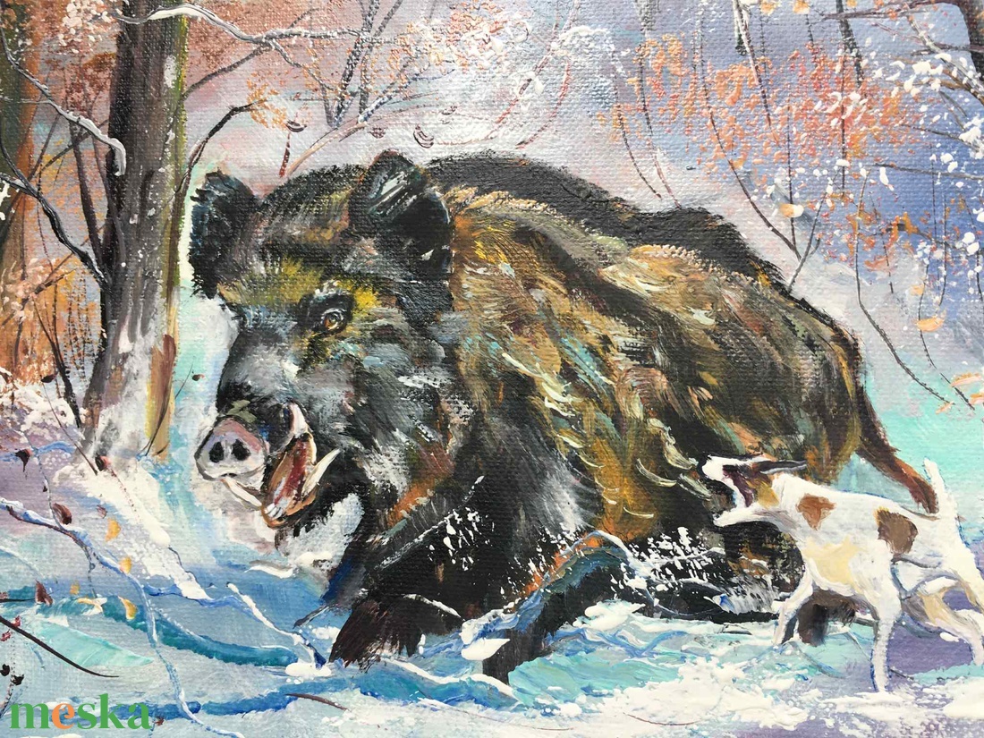 Vadkan a hóban c. Vadászfestmény - művészet - festmény - olajfestmény - Meska.hu