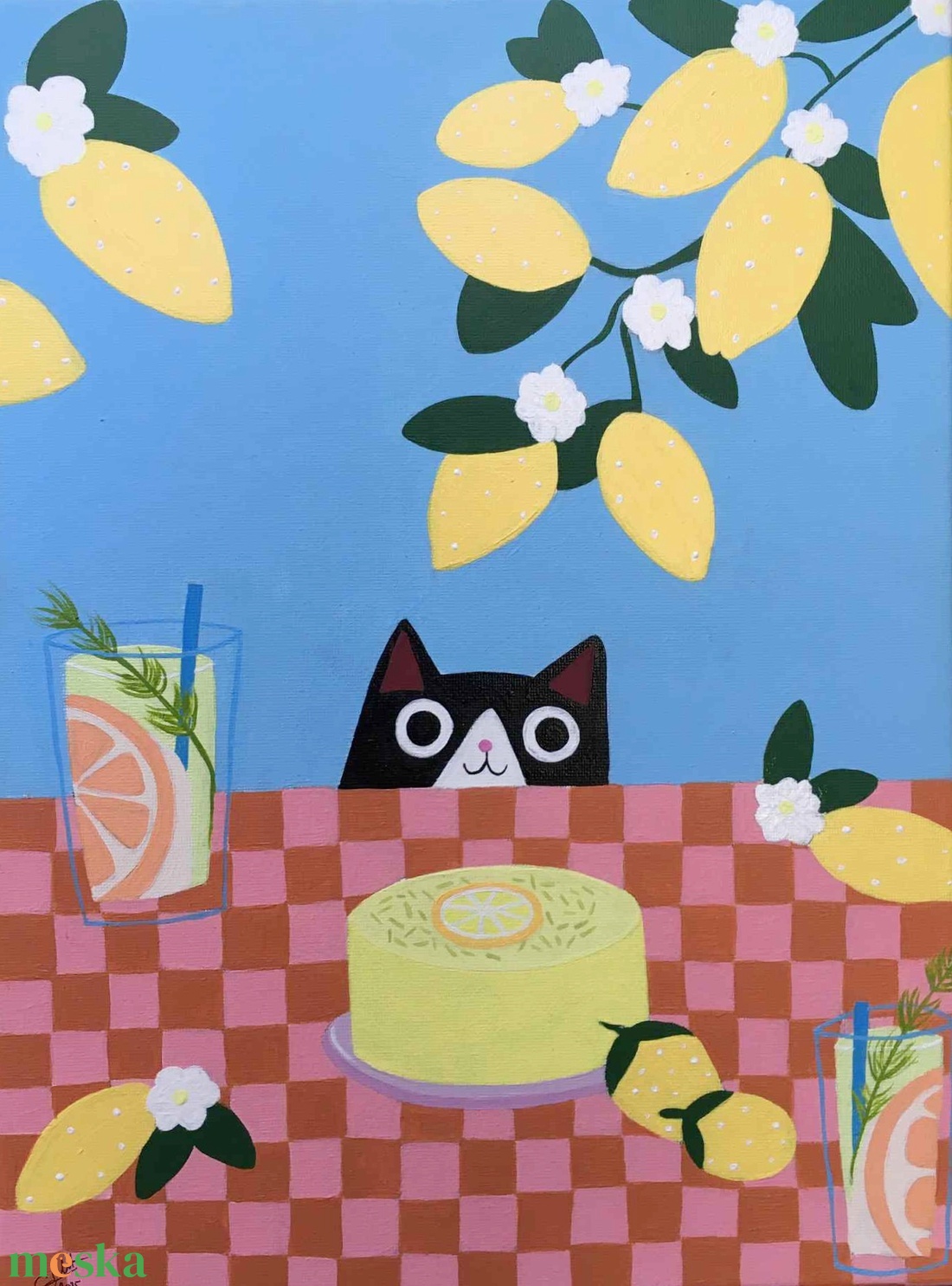 Citromos meglepetés c. Modern cicás festmény - művészet - festmény - akril - Meska.hu