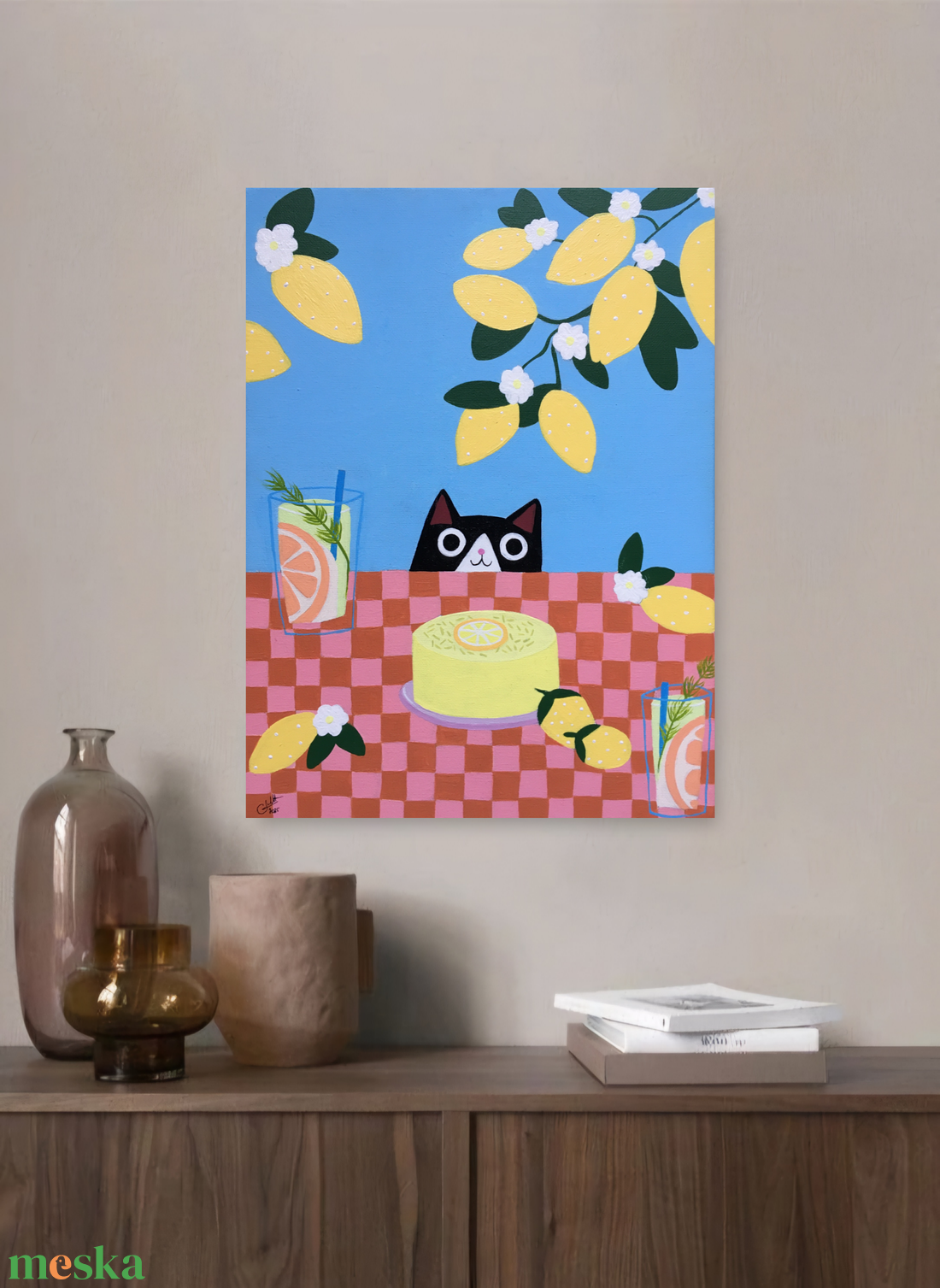 Citromos meglepetés c. Modern cicás festmény - művészet - festmény - akril - Meska.hu